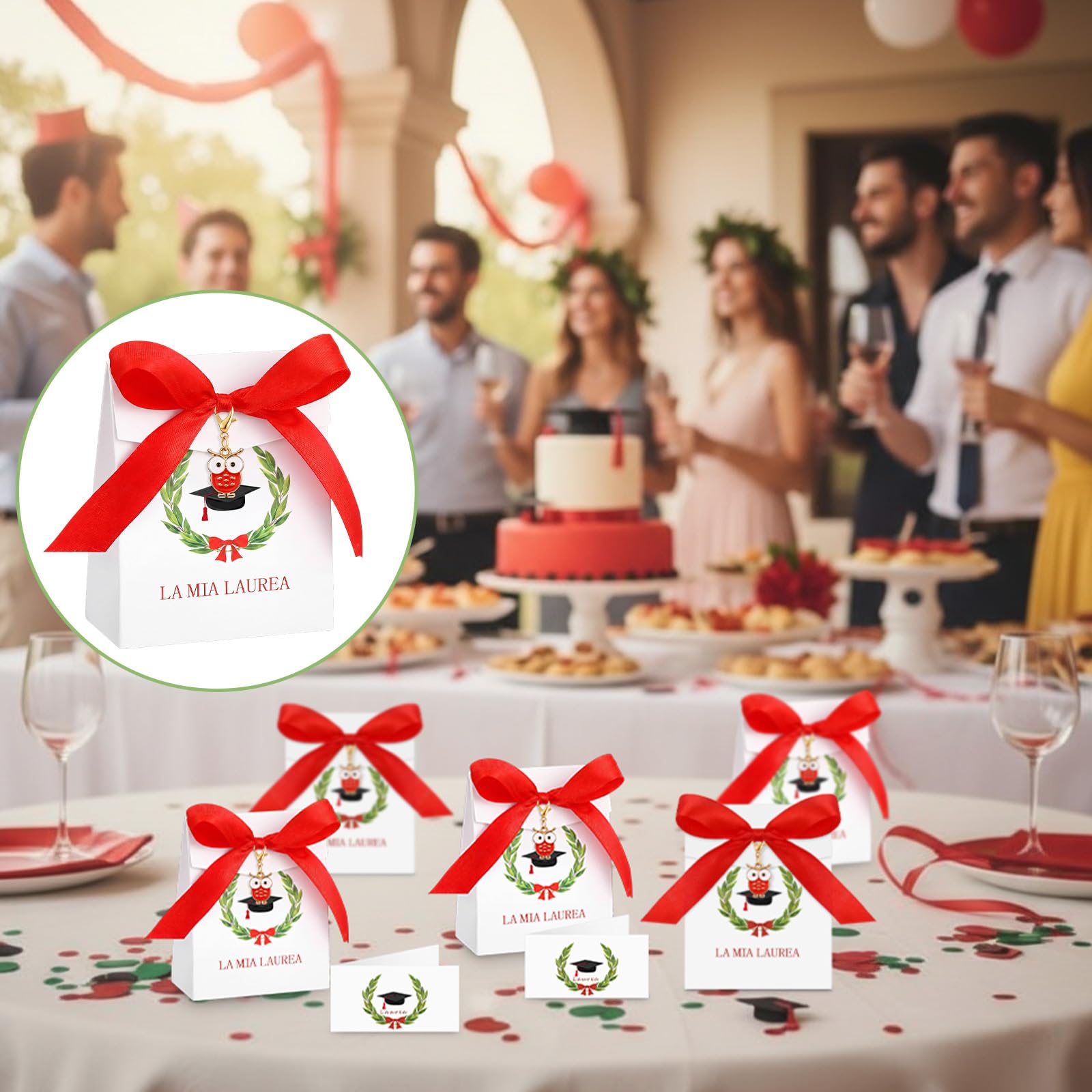 BBTO 50 Set Bomboniere Laurea per Festa con Scatoline Portaconfetti La Mia Laurea Portachiavi Gufo Portafortuna Bigliettini Nastro Rosso per Ospiti Cerimonia Festa Decorazioni Gadget Regalo