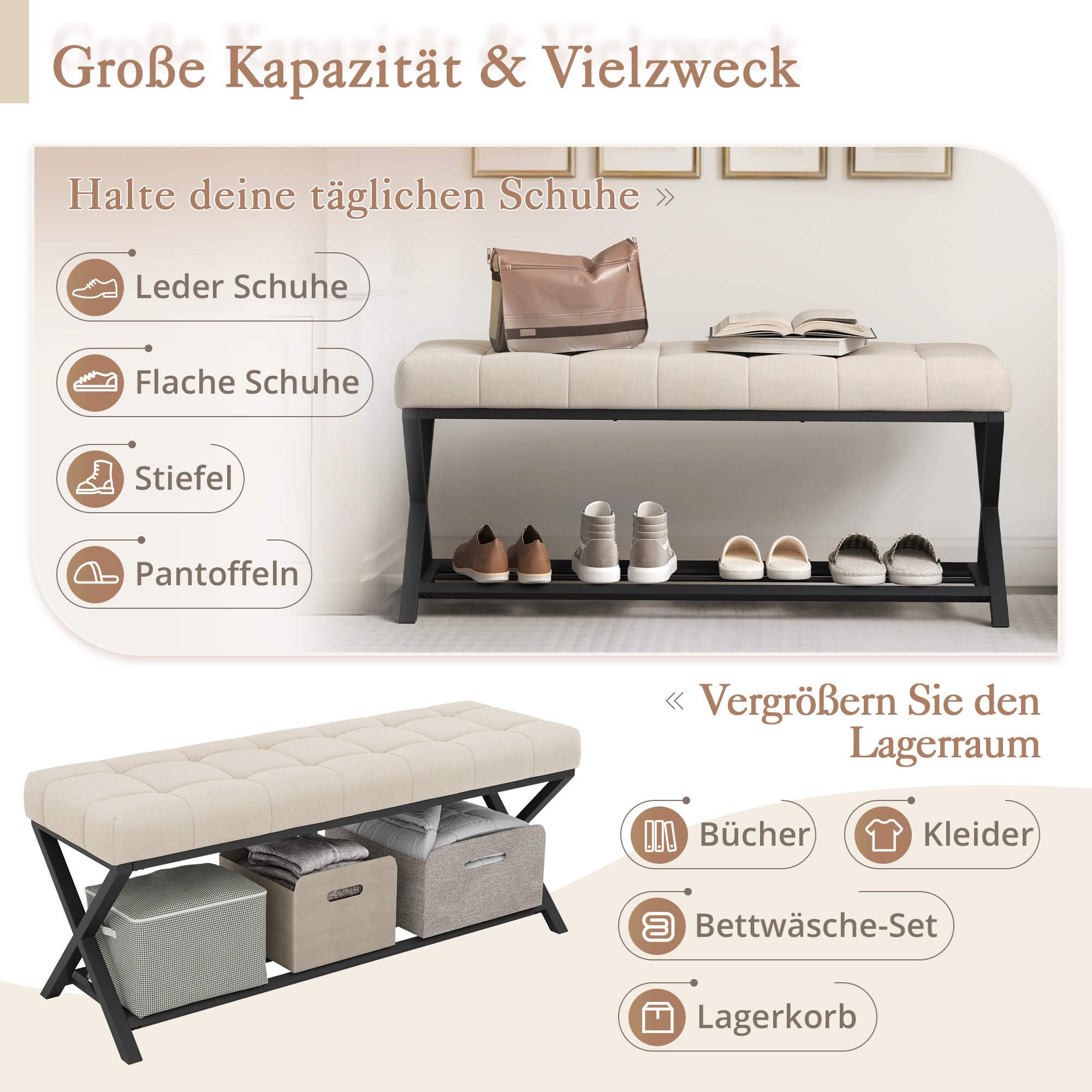 LUE BONA Schuhbank,Schuhbank mit Sitzfläche,Schuhbank mit Sitzbank und Leinen Gepolstertem,Sitzbank Flur mit Metallrahmen für Eingangsbereich,Wohnzimmer,Flur,113 x 38 x 46 cm,Leinen