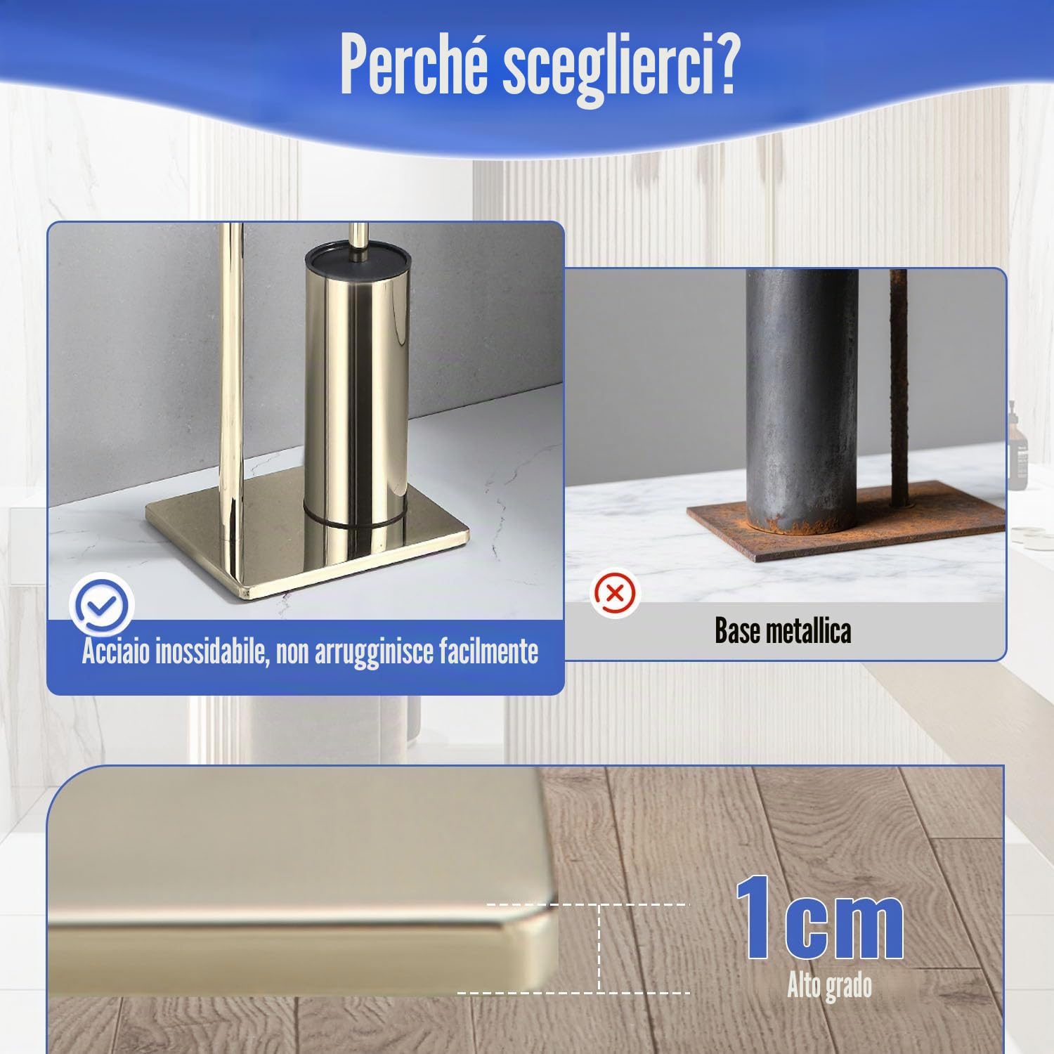 BGL Porta carta igienica in piedi con scopino per WC dorato, porta carta igienica con cestino angolare