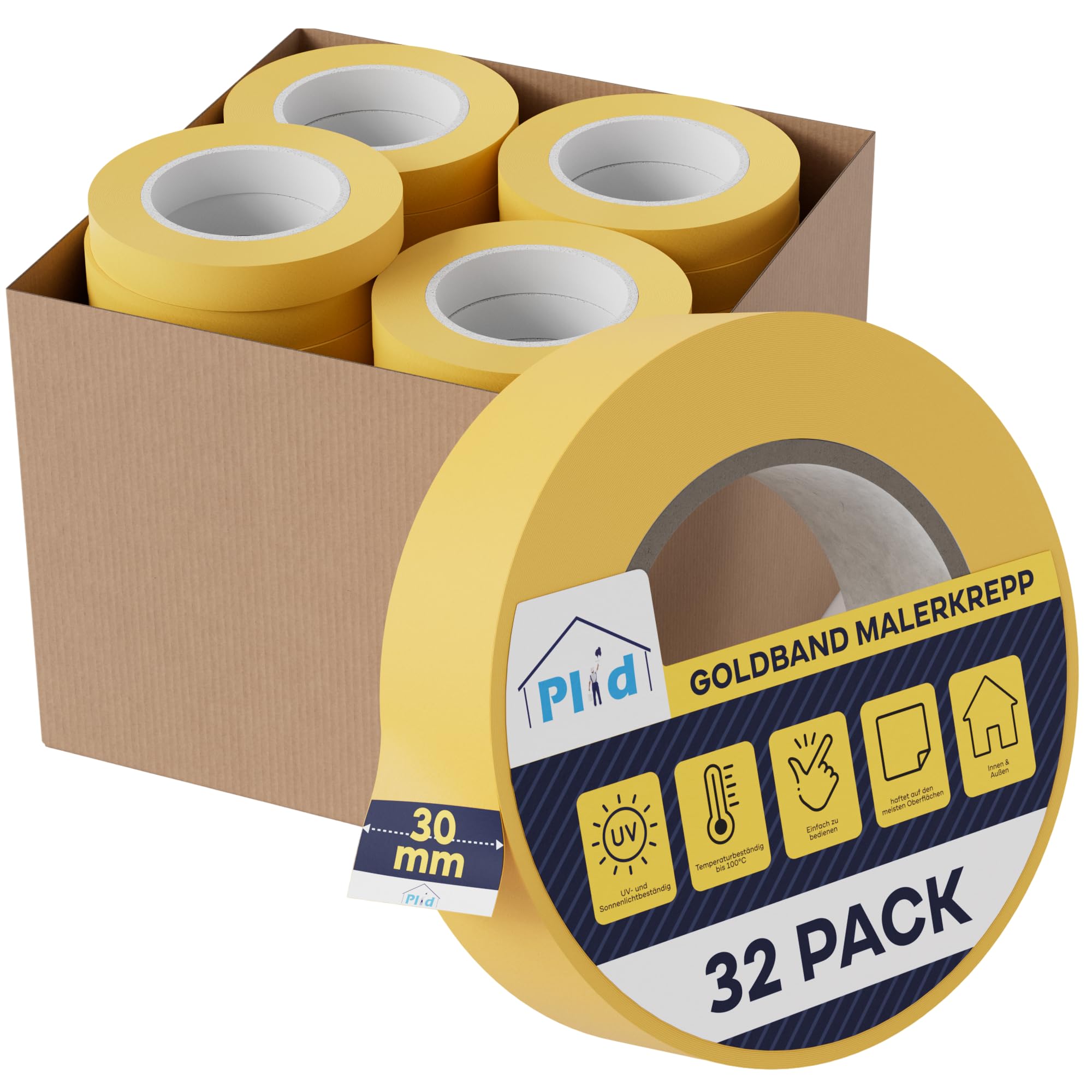 Plid Goldband Malerkrepp – 32 Rollen - 30 mm × 50 m – Malerklebeband | Kreppband | Abklebeband | Für Wand, Holz, Metall, Putz & Glas | Präzise Farbkanten | Innen & Außen