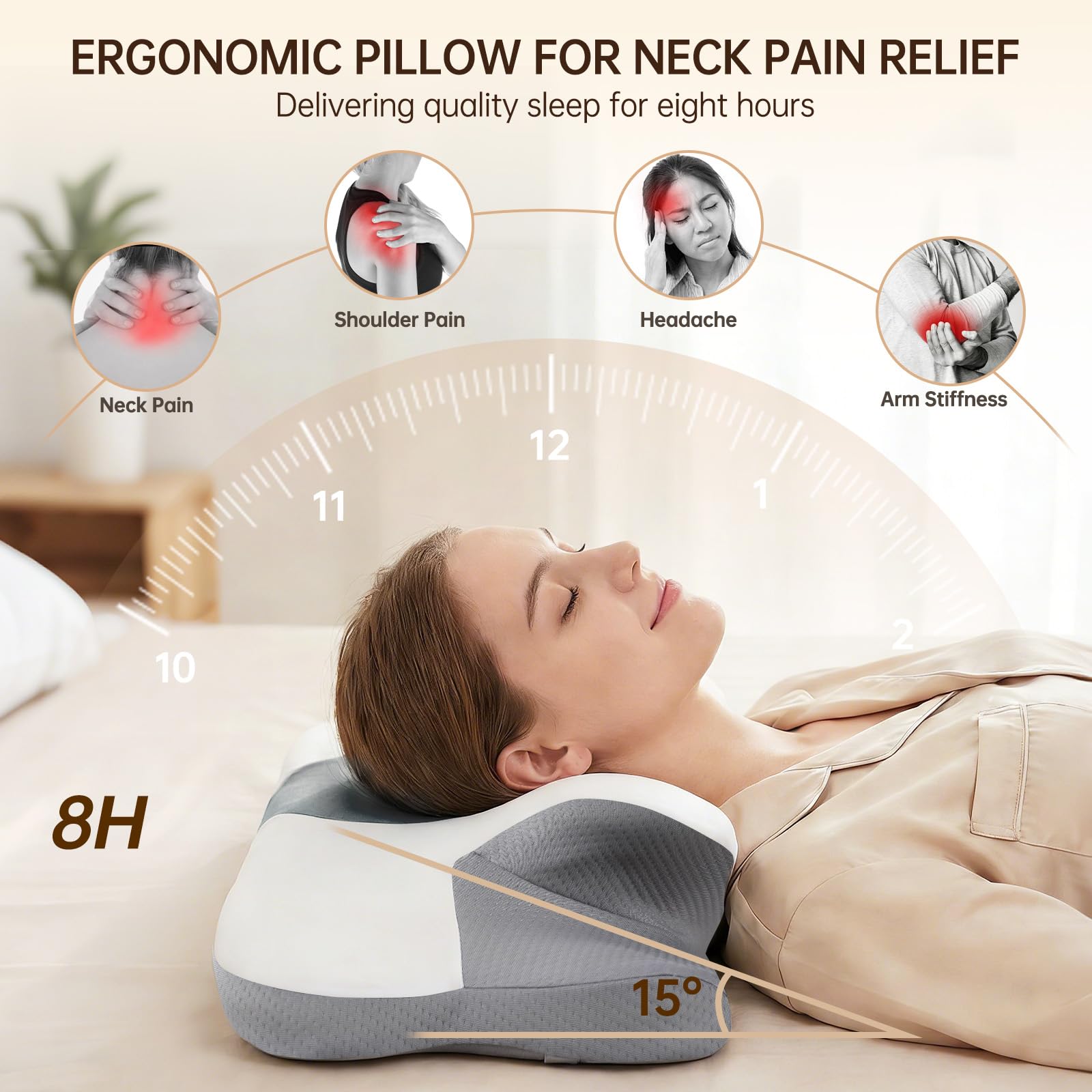 Poduszka pod kark z pianki z pamięcią kształtu, ergonomiczna, łagodząca ból, profilowane wsparcie dla osób śpiących na boku i na plecach, zdejmowana, oddychająca poszewka na poduszkę