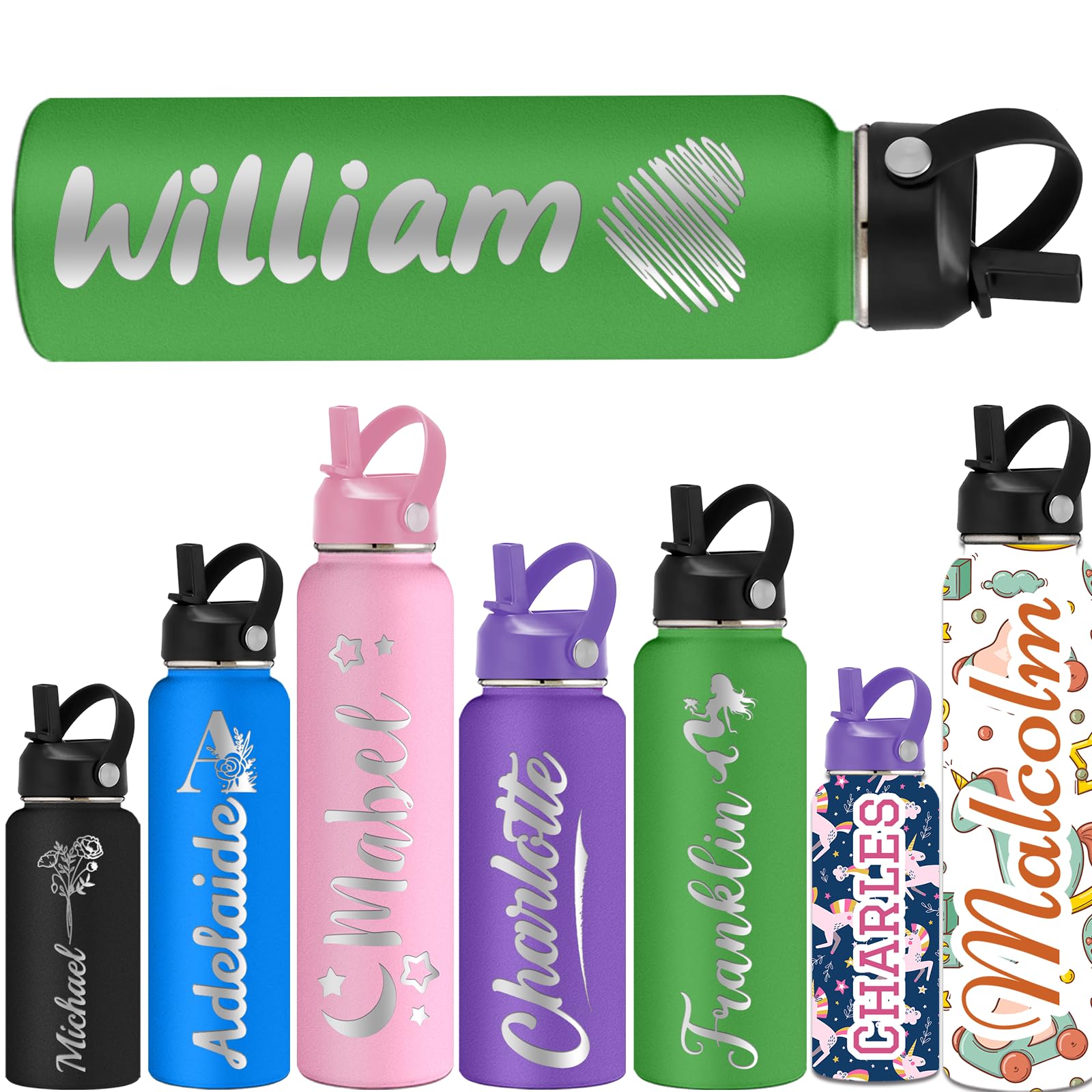 ShAxzHen Personalised Water Bottles for Kids with Straw Lid 40/32/24/18/12oz Custom Insulated Water Bottle Stainless Steel with Name Logo Customised Engraved Cups for School Sport Gym Icon Green — image 1