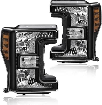 Headlight Assembly for 2017-2019 Ford F250 F350 F450 F550 Super Duty Fits Models with Halogen Headlights Only Left & Right Side Replacement Black Housing Amber Reflector
