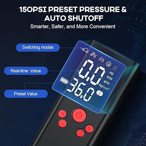 Miniatura 2 de Inflador de neumáticos, compresor de aire portátil, inflador de neumáticos portátil inalámbrico de 150 PSI para automóvil, bomba de aire inteligente
