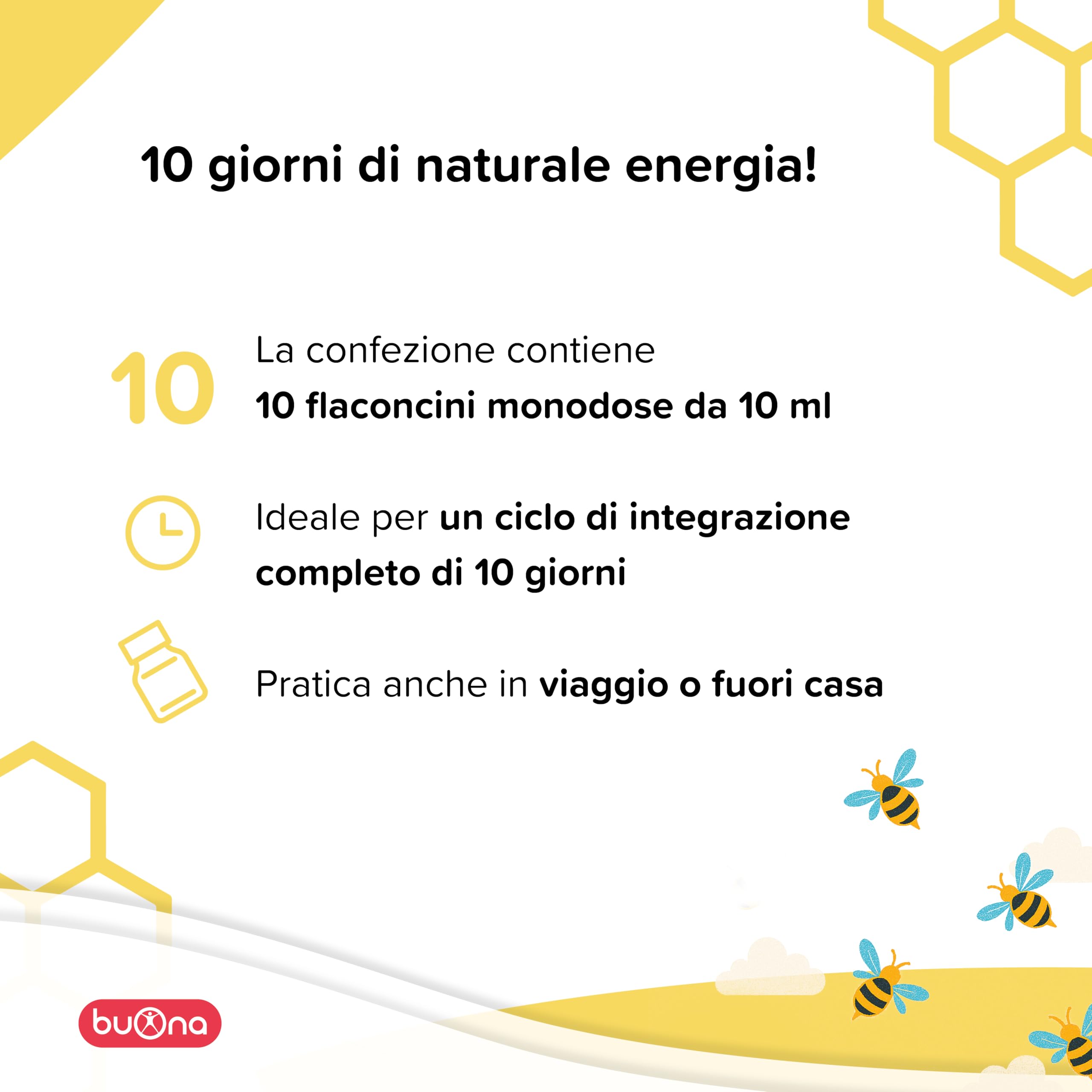 Buona Energia Oro Flaconcini Bambini 10 Flaconcini da 10 ml, con Pappa Reale, Vitamina B1, B2 e B6, Rosa Canina e Mirtillo Nero, Integratore Stanchezza, Ricostituente Senza Lattosio