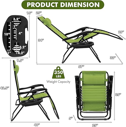 Miniatura 3 de Giantex 2 sillas de gravedad cero, tumbona para exteriores con soporte para tazas, sillas plegables para patio, piscina, césped, balcón