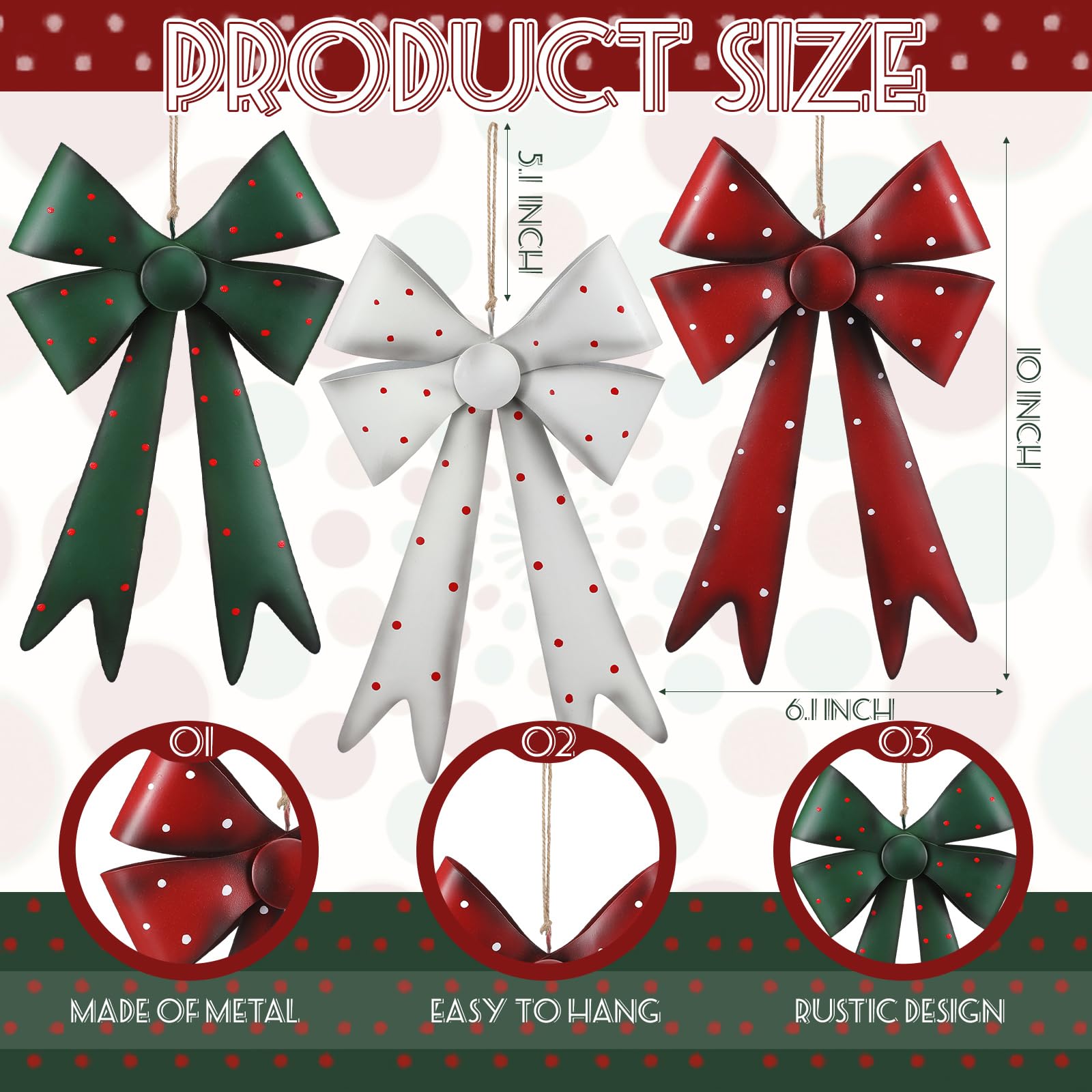 Lot de 3 nœuds de Noël en métal à grands pois - Décoration de sapin de Noël rouge, vert et blanc - Décoration pour guirlande, couronne d'intérieur et d'extérieur