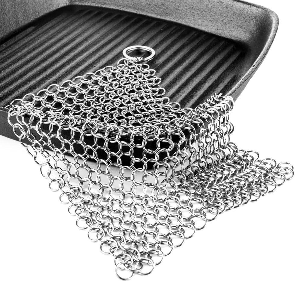 LAVAVIDA Cast Iron Cleaner, Stainless Steel Chainmail Scrubber for Cast Iron Cookware, Pre-Seasoned Pans, Dutch Ovens, Skillets and Woks, 8x6 Inch