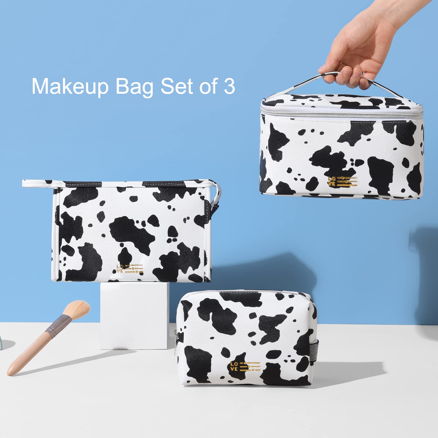 MIRASON Set di 3 sacchetti per cosmetici per borsa da viaggio, borsa da viaggio con cerniera, idea regalo per ragazze e donne, in pelle PU lavabile impermeabile (stampa mucca)