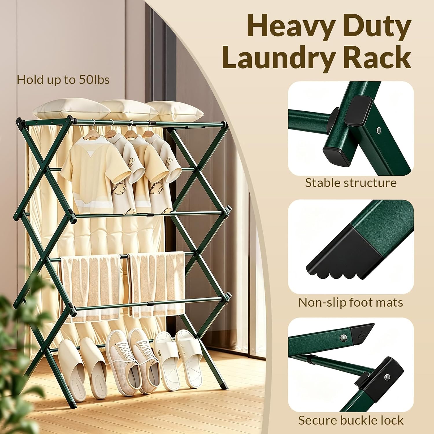 Foldable Clothes Drying Rack, 3 Tier Laundry Drying Rack for Clothes,3-Tier Space Saving Drying Rack Clothing for Indoor Outdoor Apartment (Green)