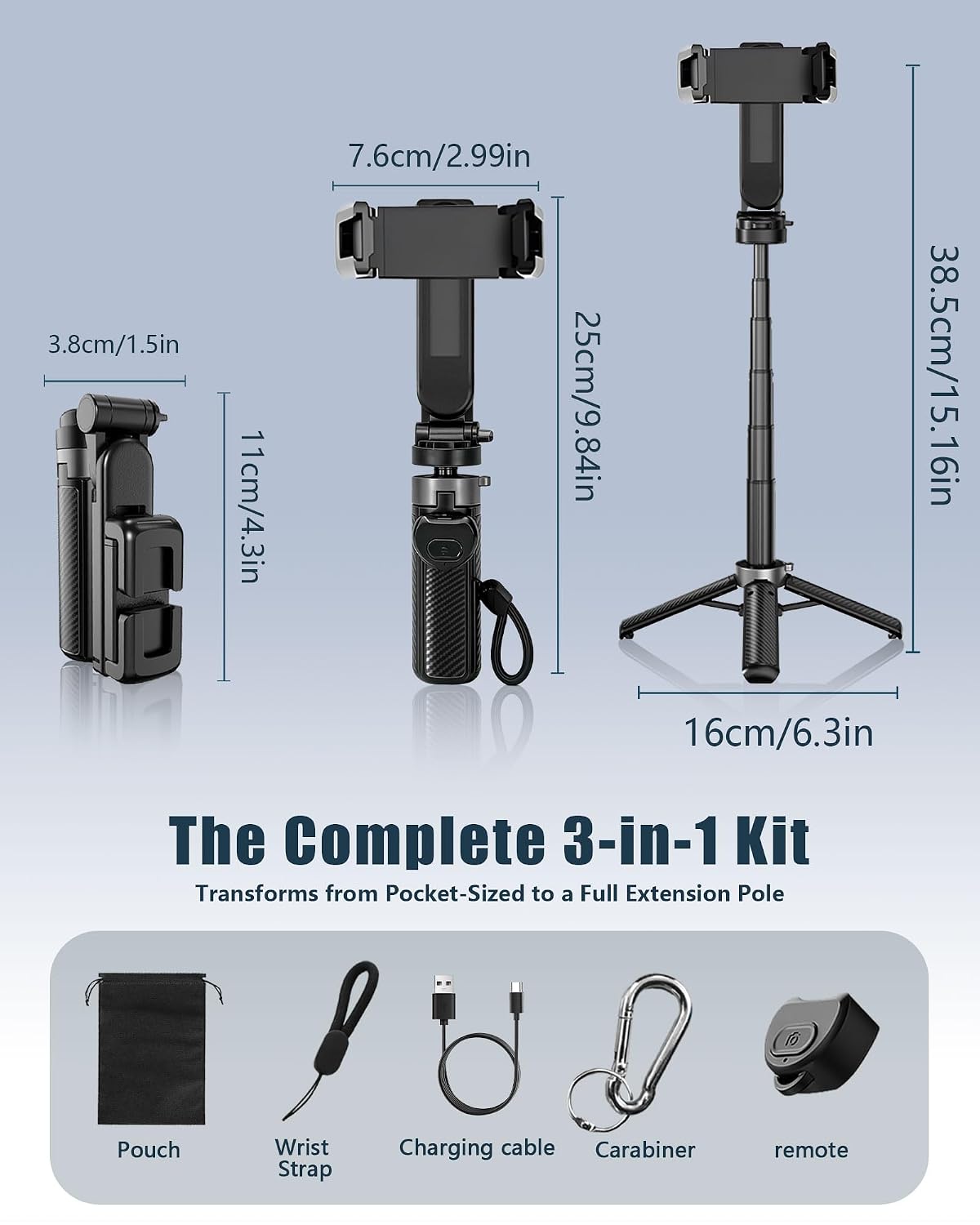 Pocket Phone Tripod, 3-in-1 Portable Selfie Stick Tripod with Remote, 360° Rotation Cell Phone Tripod Stand, Extendable Mini Tripod for iPhone Android Phones (Clip Mount)