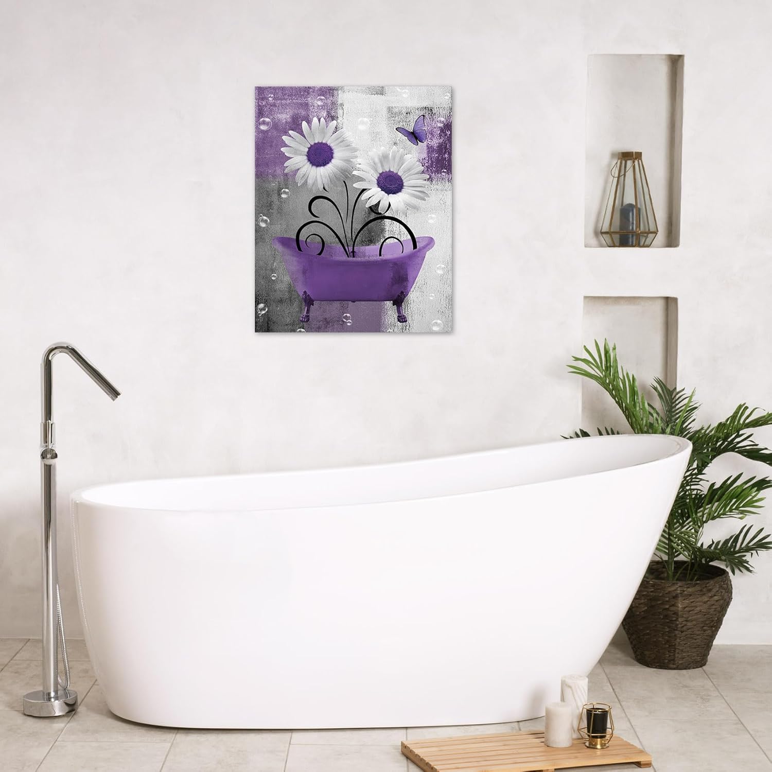 HVEST Purple Daisy Flower Canvas Wall Art Farmhouse Floral and Butterfly in Bathtub Bathroom Wall Art Modern Abstract Geometric Pictures Decor Paintings for Living Room Bedroom,20L X 16W inches