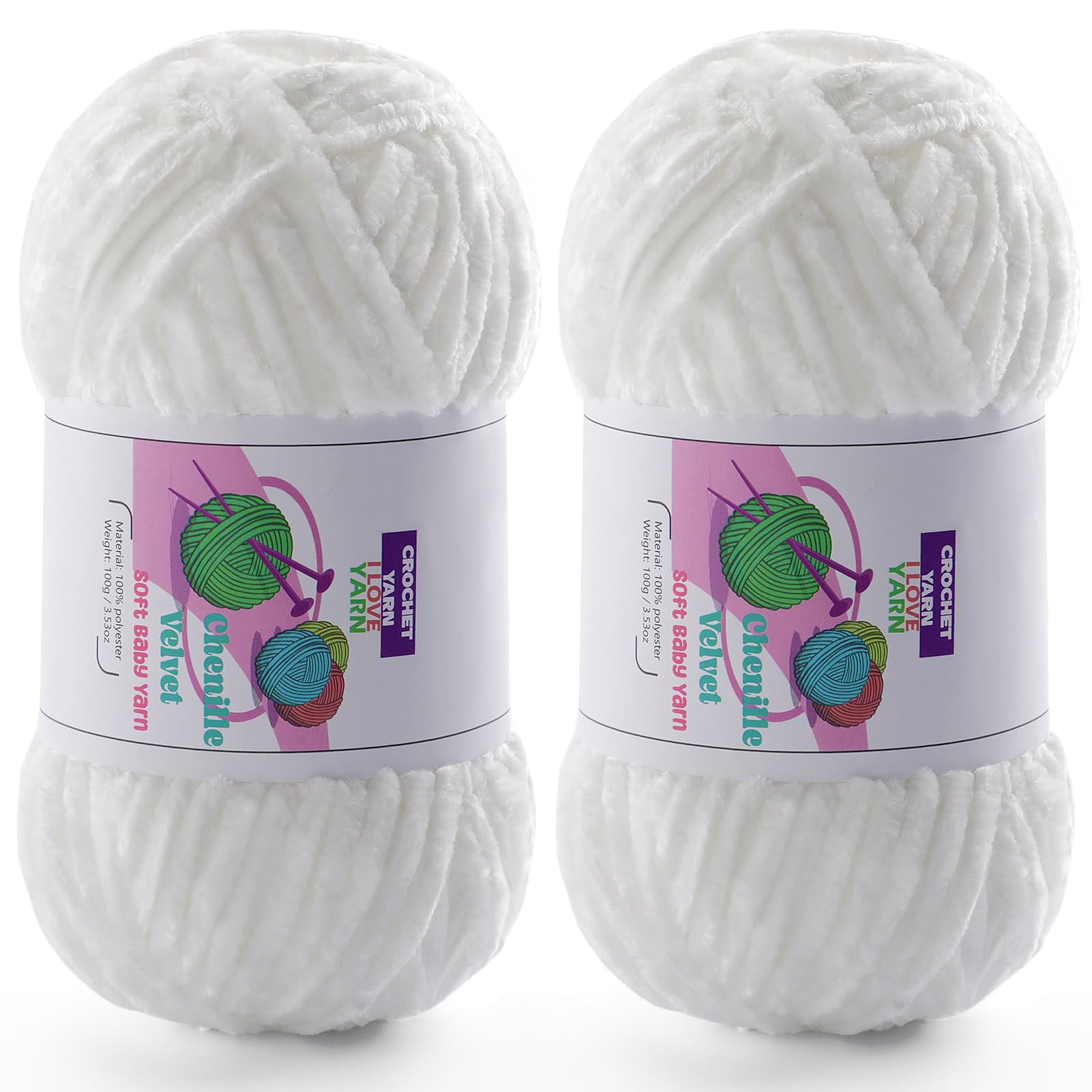 Chenille Velvet Yarn for Crocheting, White Fuzzy Fluffy Yarn for Crochet