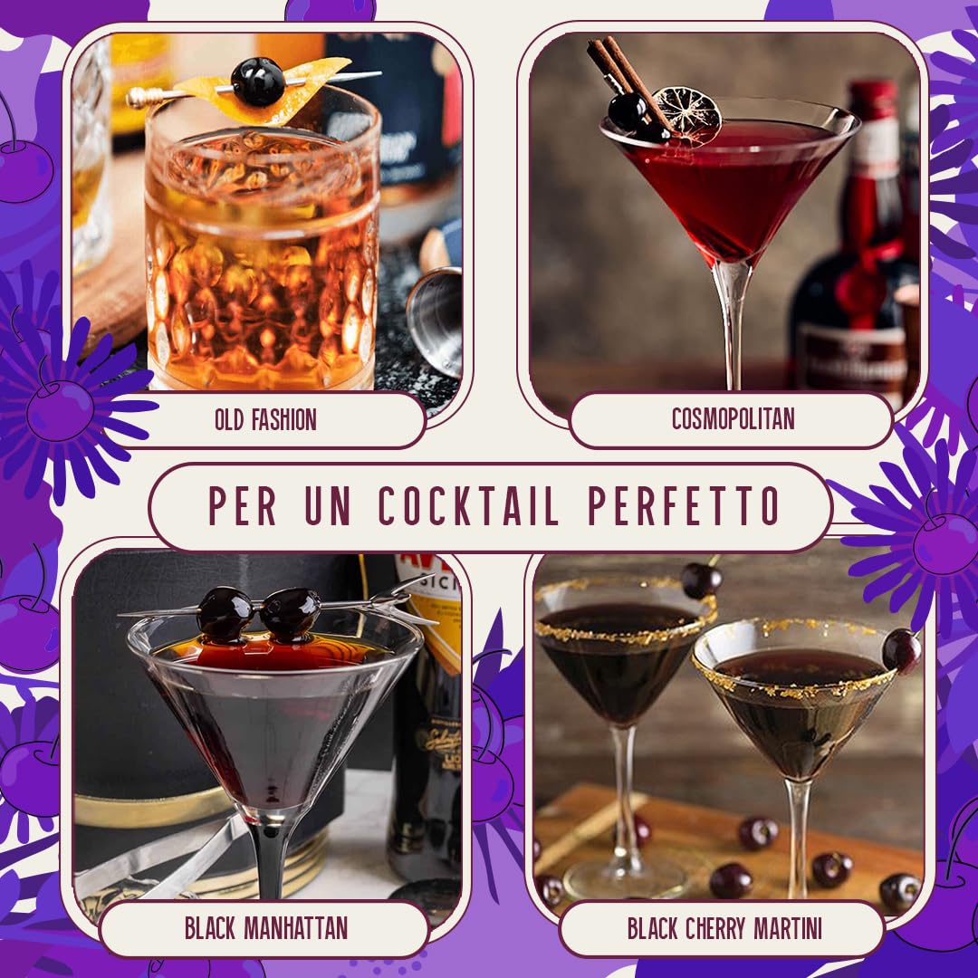 DELLABOUNA Amarena Cherries Jar Stems - Gourmet Italian Wild Cherry for Premium Cocktails Manhattans, Old Fashioned and Desserts. Rich Syrup. 400g Glass Jar (Pack of 1)