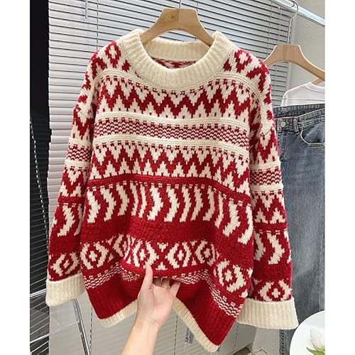 STRTT Weihnachtspullover Roter Dicker Pullover Damen Herbst Und Winter Locker Gestricktes Oberteil Mit Vintage-Split Einheitsgröße Lustiger Weihnachtsmantel Festliche Atmosphäre Kleidung,2 Cover