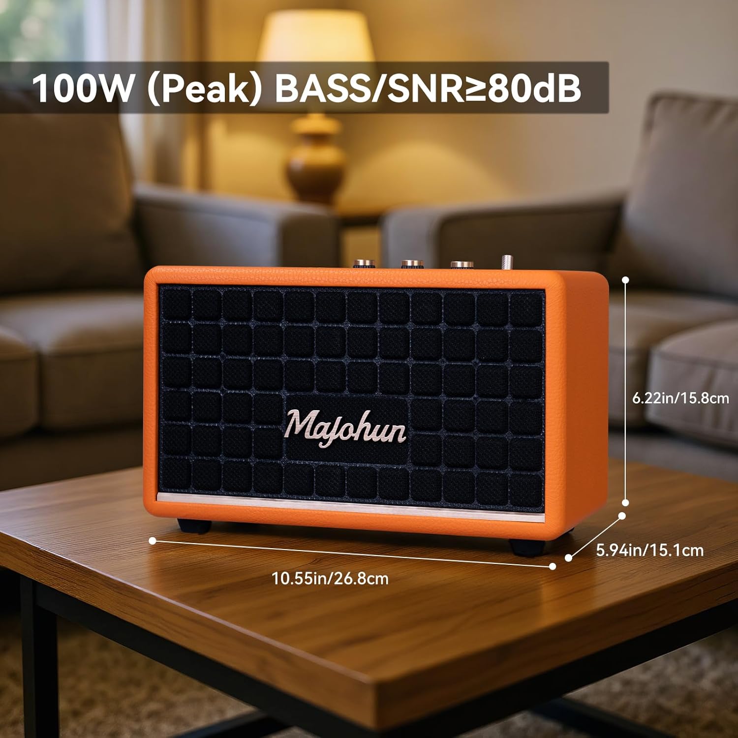 100W (Peak) Wood Bluetooth Speaker for Home, Vintage Speaker with Bluetooth 5.4, TWS Paire, Bass/Treble Control, AUX and USB Input, Retro Speakers for Home, Room, Office,Party(Orange) - Image 3