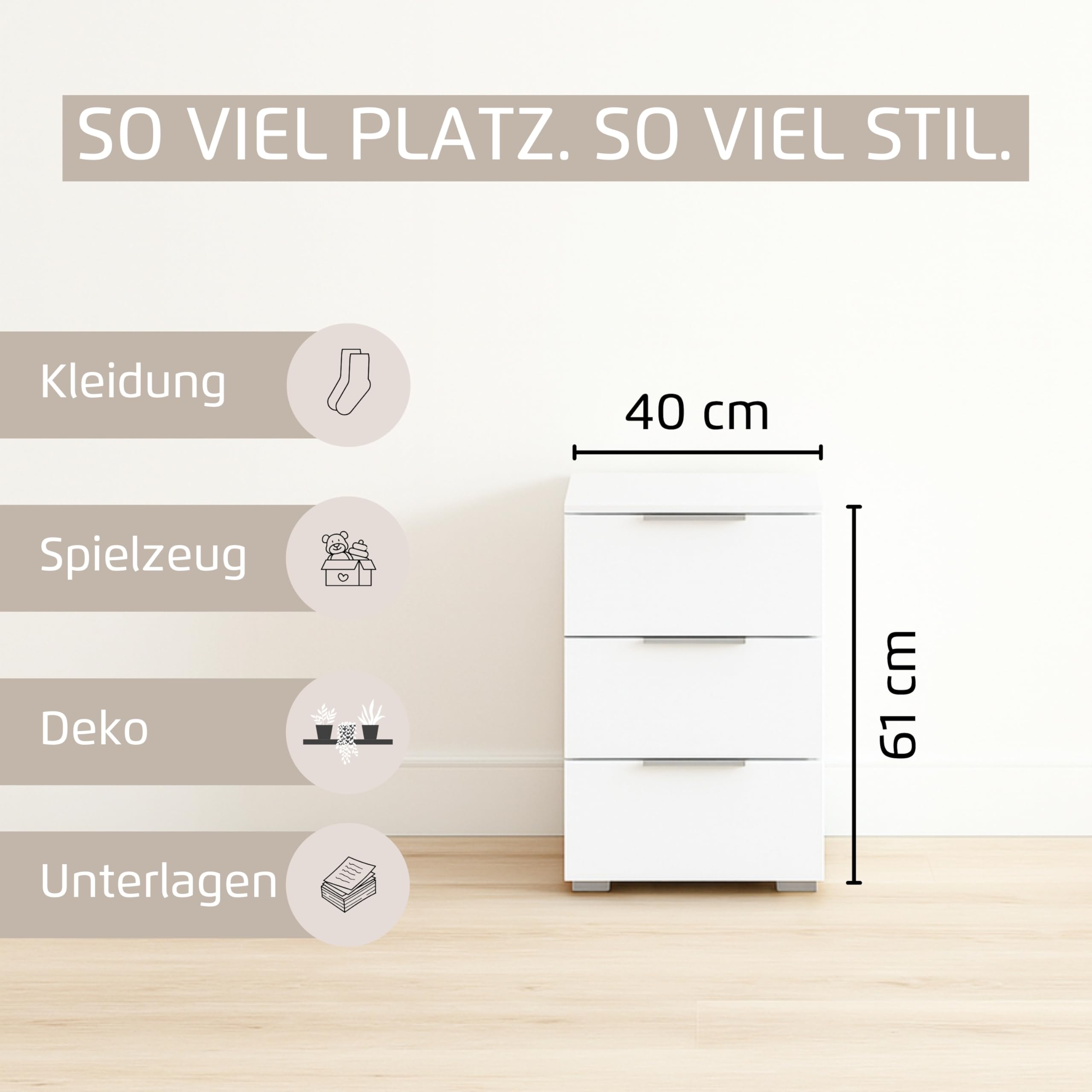 Rauch Möbel Alabama, Nachttisch für Schlafzimmer, Kinderzimmer, Gästezimmer, mit 3 Schubladen, Soft-Close-Funktion, Farbe Weiß, Griff Alufarben, Maße 40x61x42cm | Nachtkommode, 3 Schubladen, Soft-Close-Funktion, passend für Serie Alabama, für Schlafzimmer