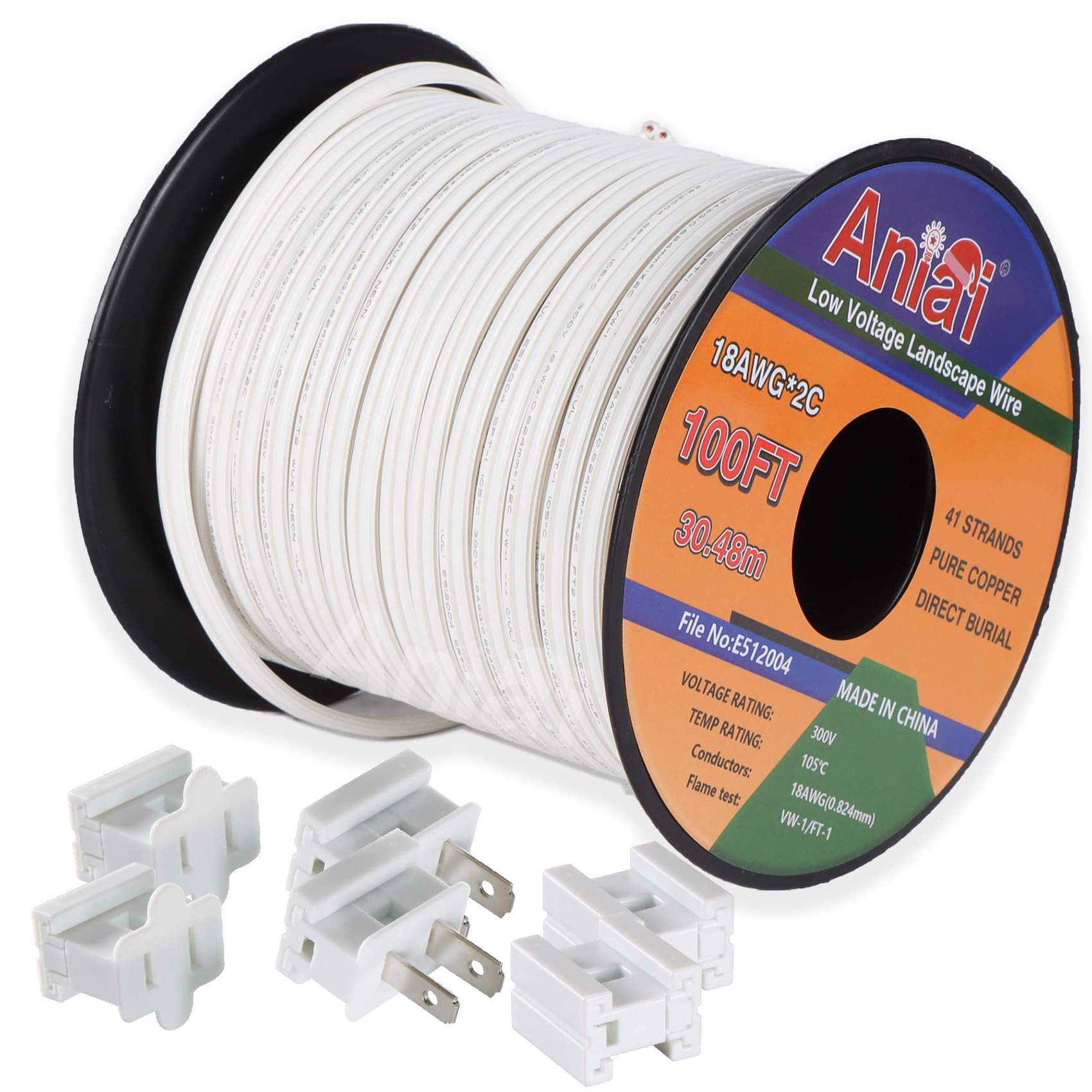 Aniai 18/2 SPT-1 Wire 100FT with 6PCS Vampire Plugs - Low Voltage Landscape Wire Electrical Wire - 18 Gauge Electrical Wire 2 Conductor - White