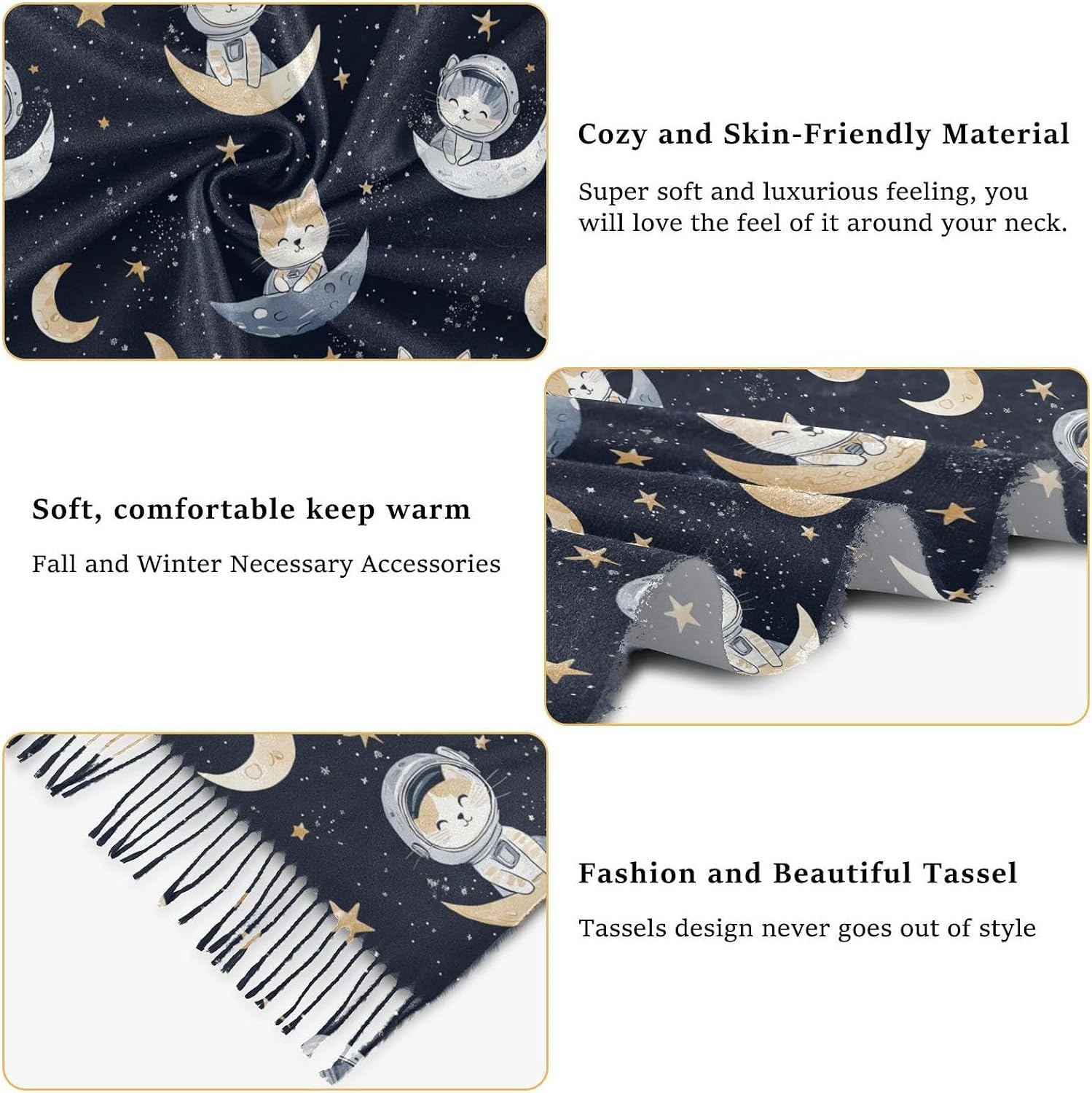 Winter Scarf for Women Starry Sky Astronaut Cat Fashion Tassel Shawl Wraps for Women, Cold Weather Warm Womens Scarves Soft Long Scarf Gifts
