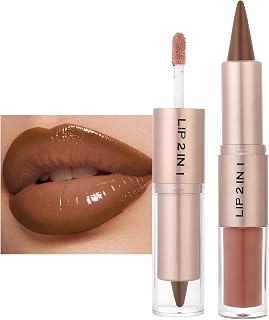 Lip Liner and Gloss Set, 2 in 1 Nude Brown Lip Liner Nude Pink Lip Gloss, Hang-Last…