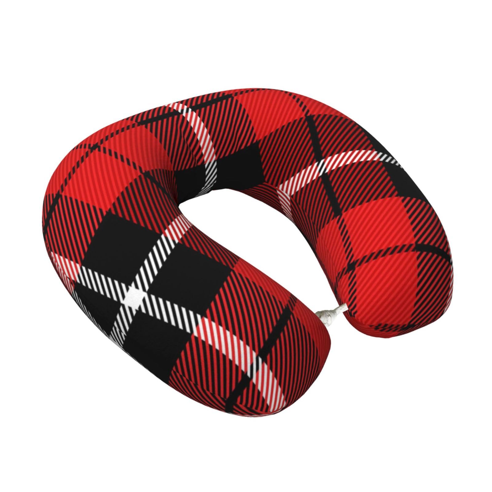 LKYMOH Christmas Tartan Red Plaid, Travel Neck Pillow U-Shaped Memory Neck Support Soft Comfortable With Washable Cover For Airplane Car Traveling and Office