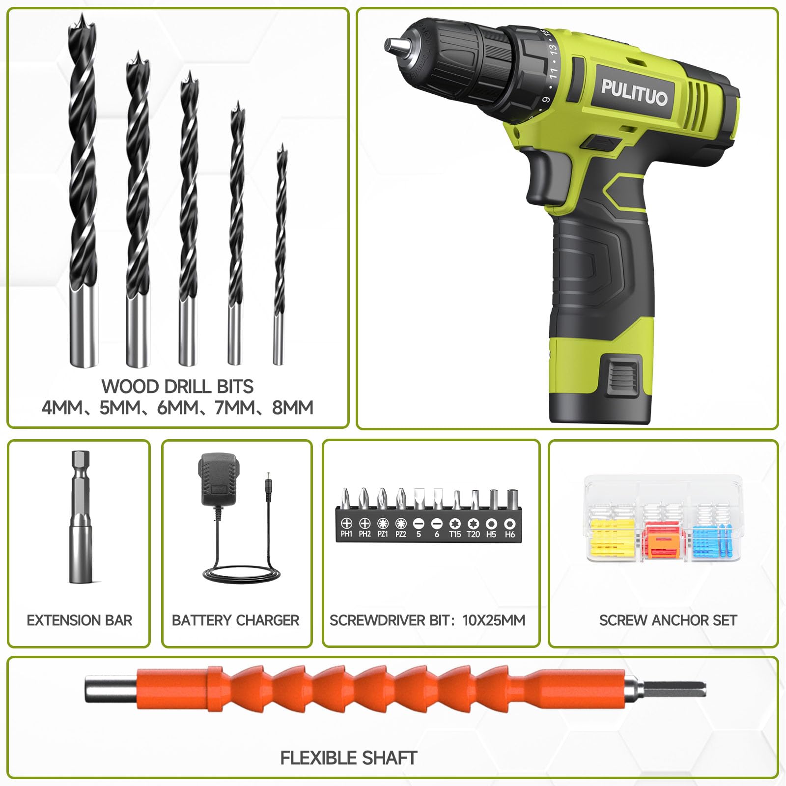 Perceuse électrique sans fil pulitoo 12V, kit puissant avec batterie lithium-ion, réglage de couple 21+1, mandrin sans clé 3/8"
