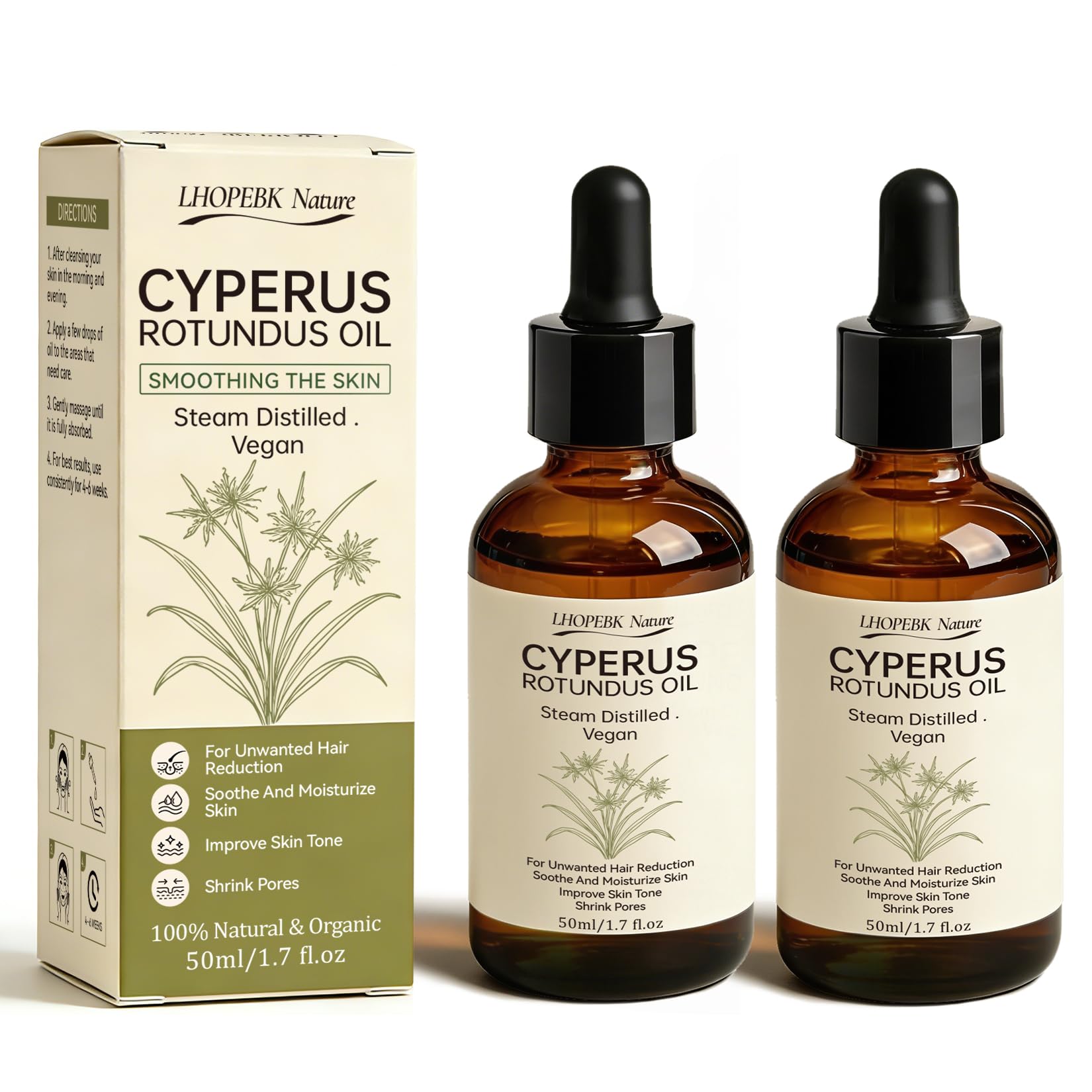 Cyperus Rotundus Oil for Hair Removal: 100% Pure Natural Hair Inhibitor Serum 60s Quick Absorption Shrinking Pores Prevents Ingrown Hairs Moisturizing & Soothing Skin Care for All Skin Types 2 Pcs