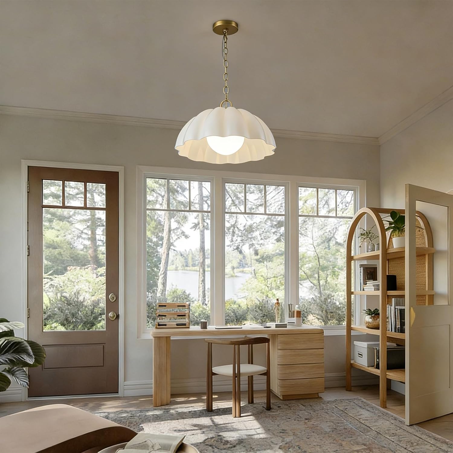 16 Inch Milk Glass Pendant Light Fixtures Mid Century, Hanging Opal Flower Pendant Light Kitchen Island, Hallway, Entryway, Bedroom, Dome Chandelier Dining Room Light Fixture Over Table