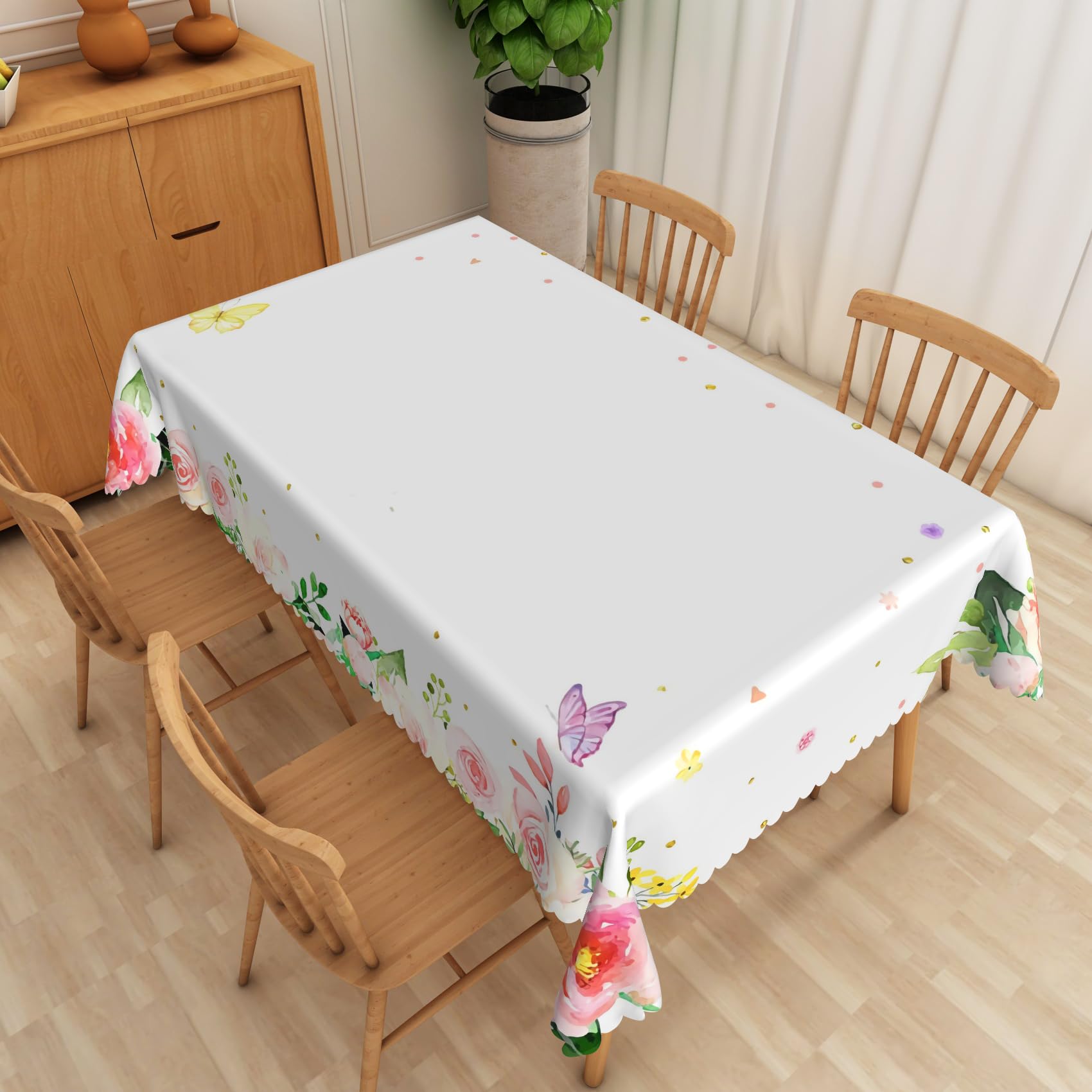 SIEDYCV Spring Floral Tablecloth 52x70 Inch Watercolor Pink Rose Wildflowers Butterfly White Fabric Table Cloth Polyester Oilproof Washable Rectangle