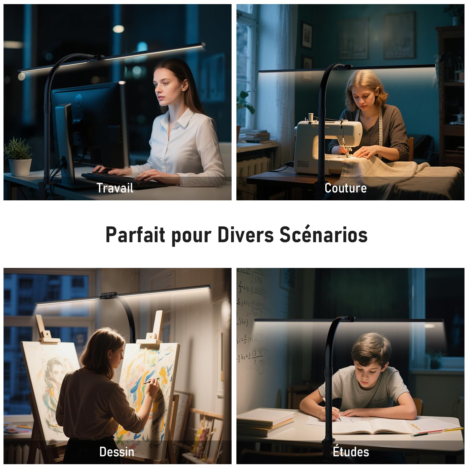 Jeebel Lampe de Bureau LED 24W 80cm Double Tête avec Télécommande, Pince 9,5cm, Réglable 360°, 10 Modes Couleur, 10 Luminosité, 1800LM
