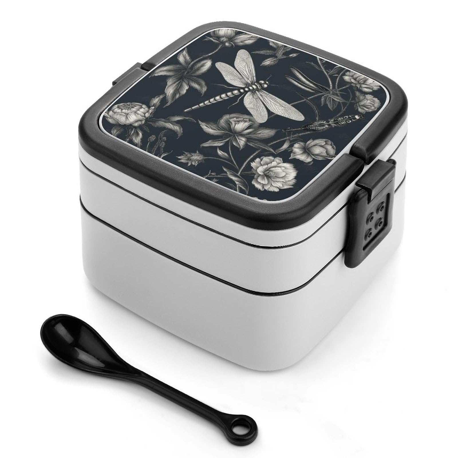 VstaDank Black Flowers And Dragonfly Bento Box with Compartments Portable Lunch Containers with Spoon Leak Proof Bento Lunch Box Snap-On Design Double-Layer Insulated Lunch Boxes for Work Camping