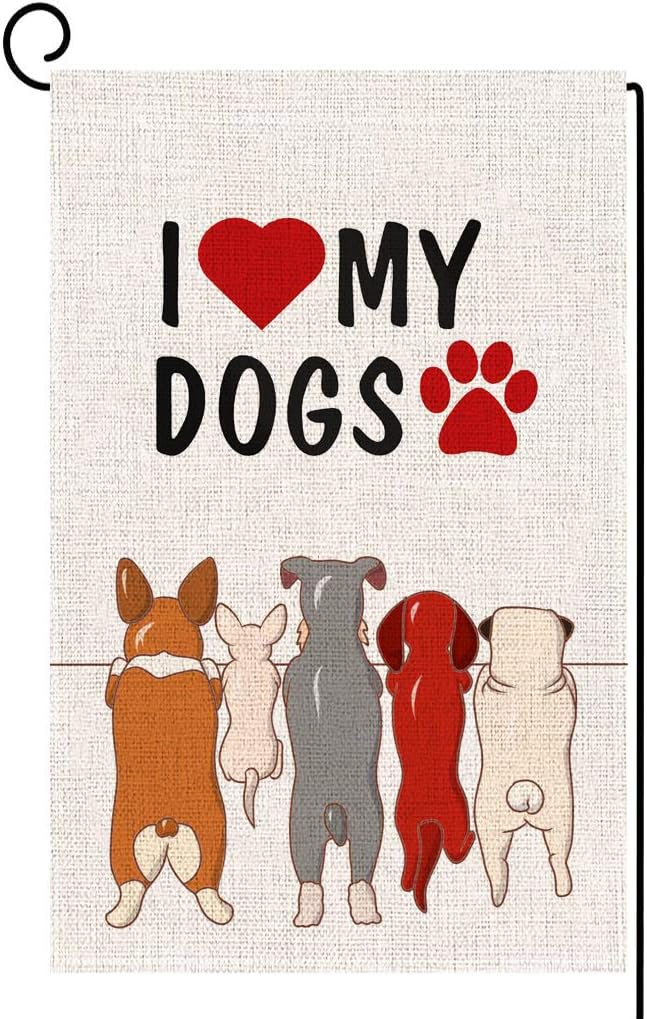 ORTIGIA Home Decor Small Dog Garden Flag，I Love My Dogs Pawprints Garden Flag Yard Decoration,Seasonal Outdoor Flag 12.5 x 18inch Spring Summer