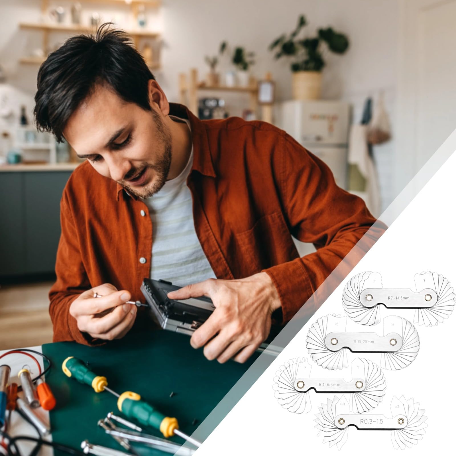 4 Stk. Radiuslehren-Set, 0,3 bis 25 mm Fasennaht-Radiuslehre, Material Edelstahl-Eisen 203, hochgenaues Messwerkzeug für Mechaniker und Handwerker, für Innen- und Außenradien