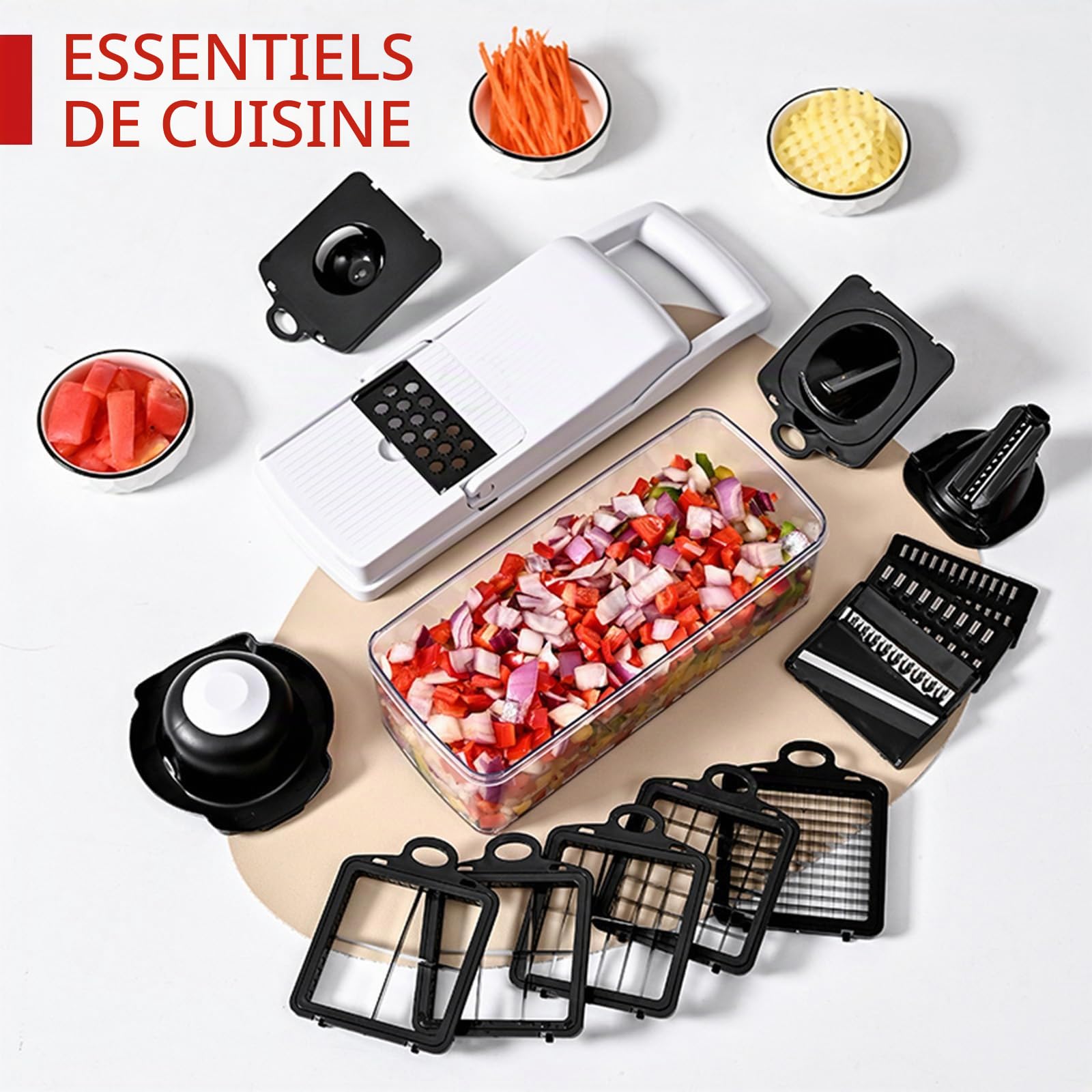 Hachoir à légumes 25 en 1 avec 13 lames - Trancheuse mandoline - Hachoir à aliments avec récipient - Râpe à fromage - Hachoir à salade de légumes et oignons - Gadget de cuisine - Indispensables pour