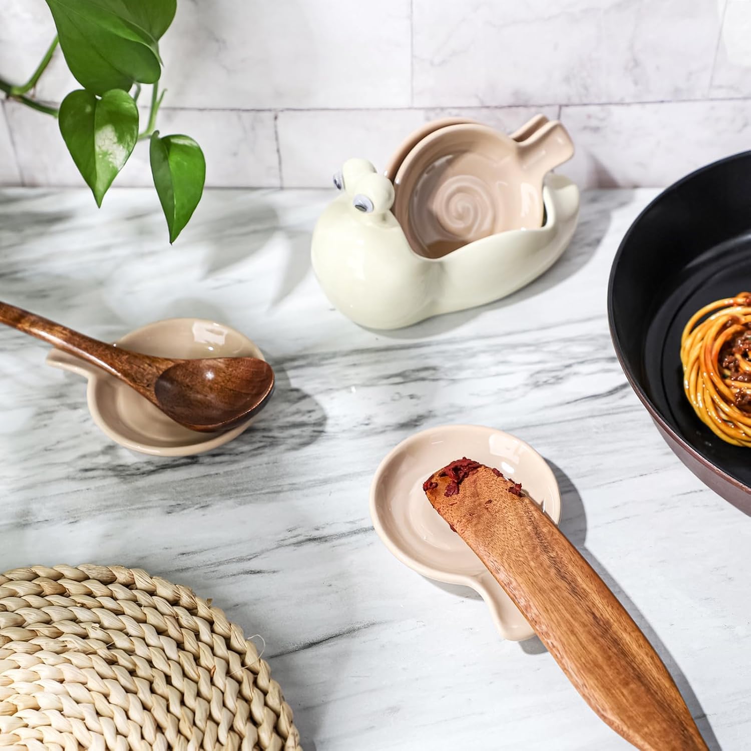 Cute Spoon Rest for Stove Top with Holder Ceramic Spoon Holder for Kitchen Counter Set of 4 (white)