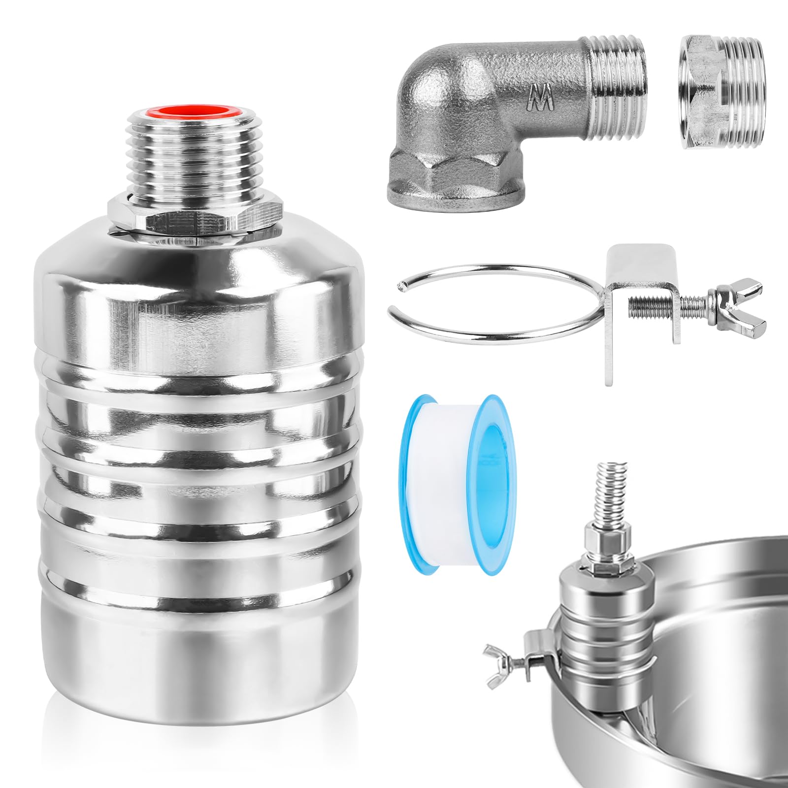 Automatisches Schwimmerventil,Schwimmerventil 1/2'' oder 3/4'' Automatische Wasserstandsregelung Einstellbar 304 Edelstahl,mit Wasserhahn-Dichtungsband und Wellrohr