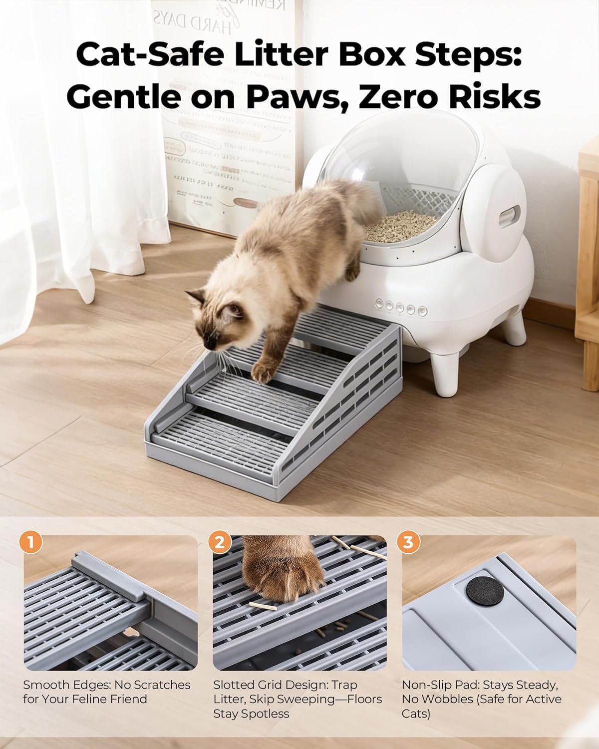 Adjustable 4 Steps Litter Box Step,Litter Box ramp for Cat Litter Boxes,Washable Easy Cleaning Cat Litter Catcher & Litter Step with Filter Functions for Small & Elderly Cats(Gray)