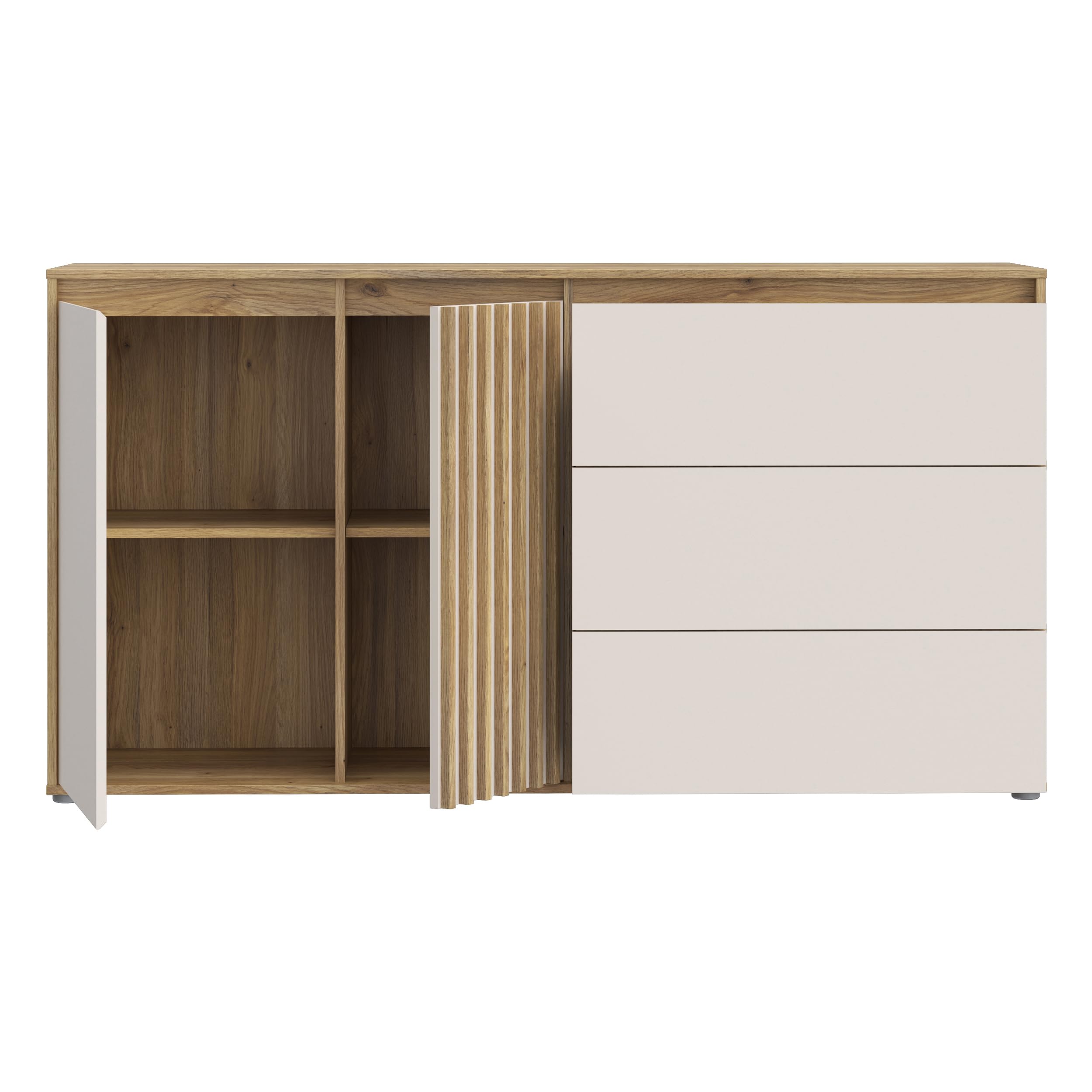 Forte ELISTON Kommode 160, modernes Sideboard mit Lamellendesign, 2-türig, 3 Schubladen, Wohn-/Schlafzimmer, Mauvella Eiche Holzdekor|Kashmir Beige, 159,3 cm breit x 84,9 cm hoch x 41,5 cm tief