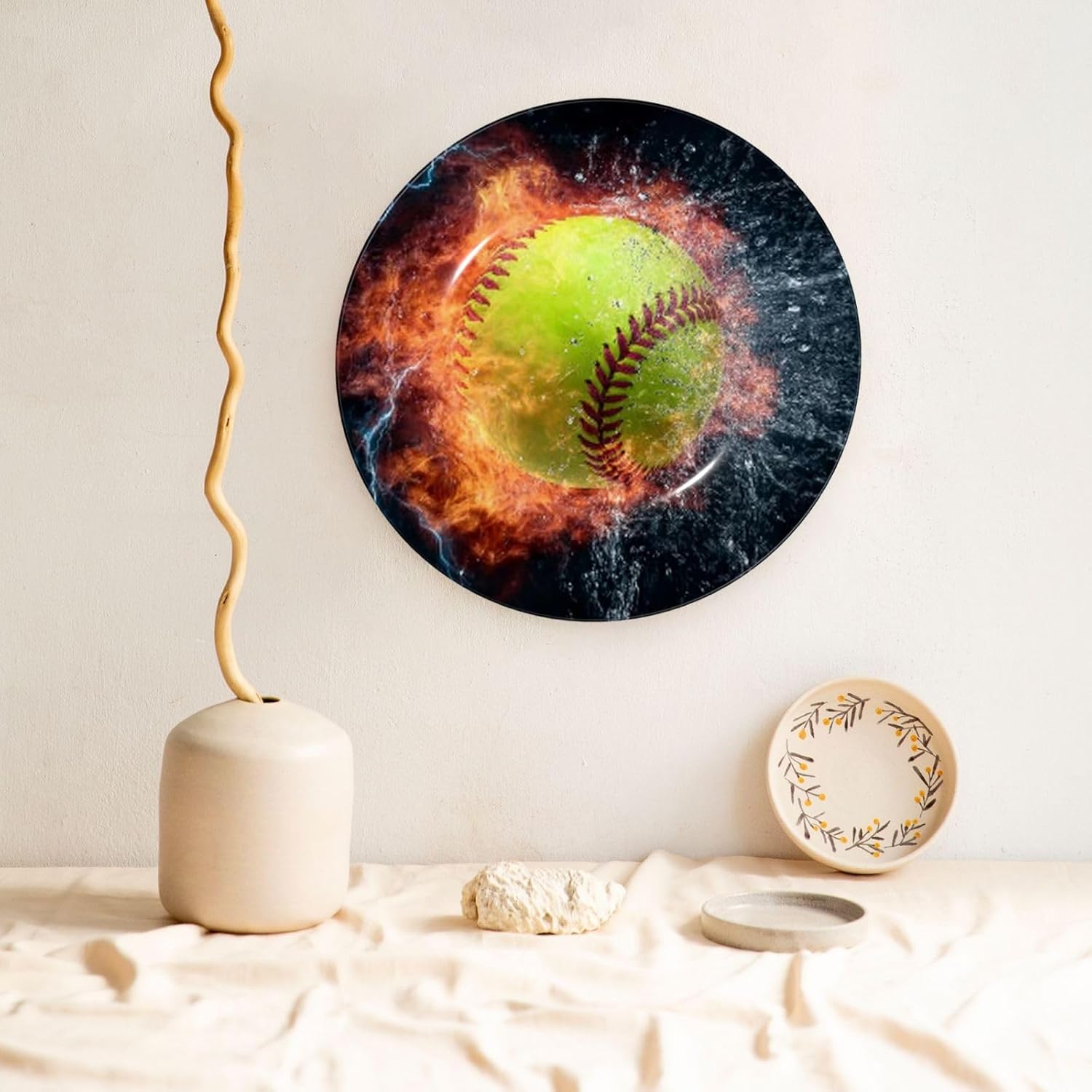 Bone China Decorative Plate with Display Softball Ceramic Plates Crafts Art Decor Dessert Plate Ceramic Ornament Porcelain Plates for Living Room Kitchen Table Home Decor