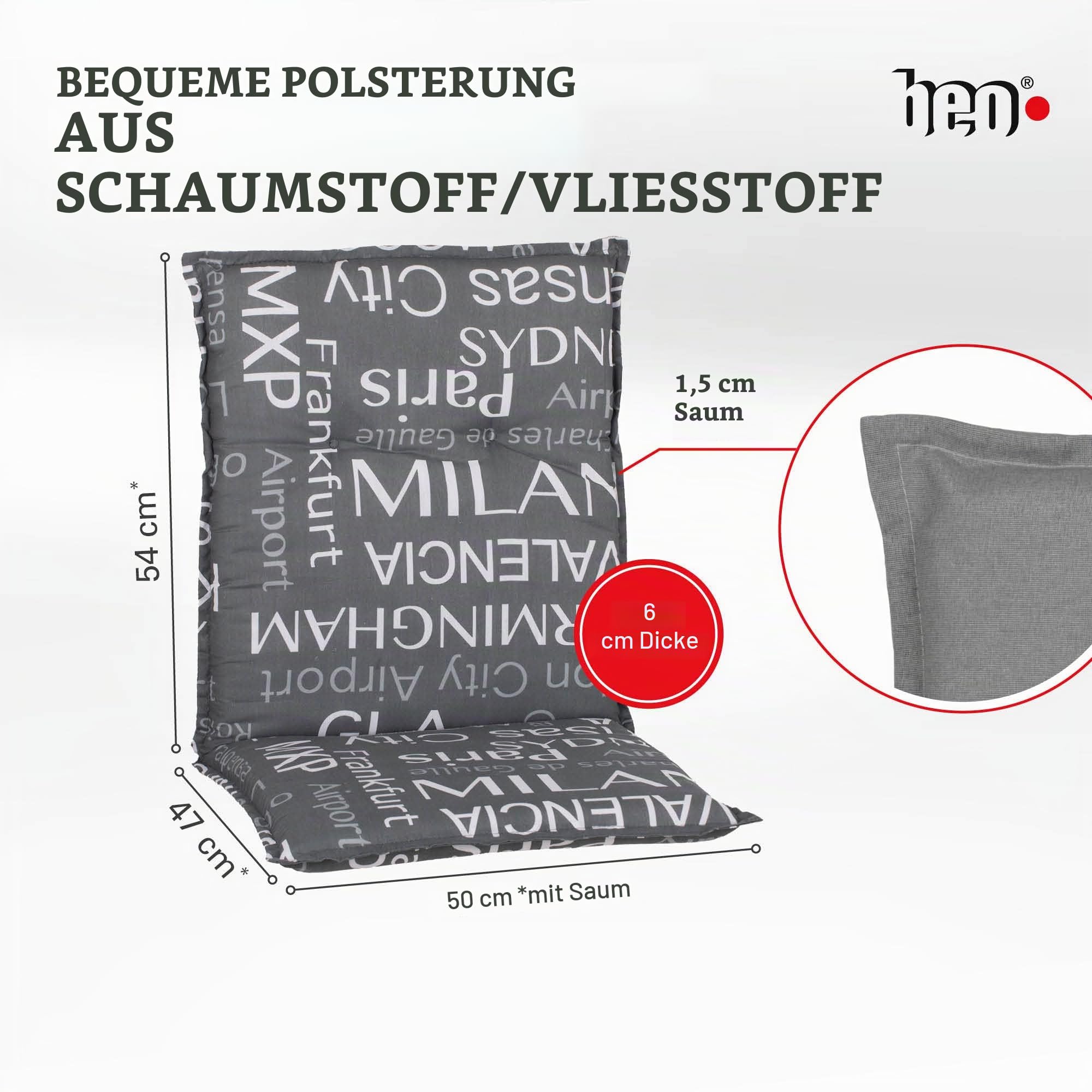 Beo Niedriglehner Auflagen 4er Set Barcelona | Made in EU nach Öko-Tex Standard | Waschbare Stuhlauflage Niedriglehner mit Halteband | Atmungsaktive Auflagen Niedriglehner mit Städtenamen in Grau