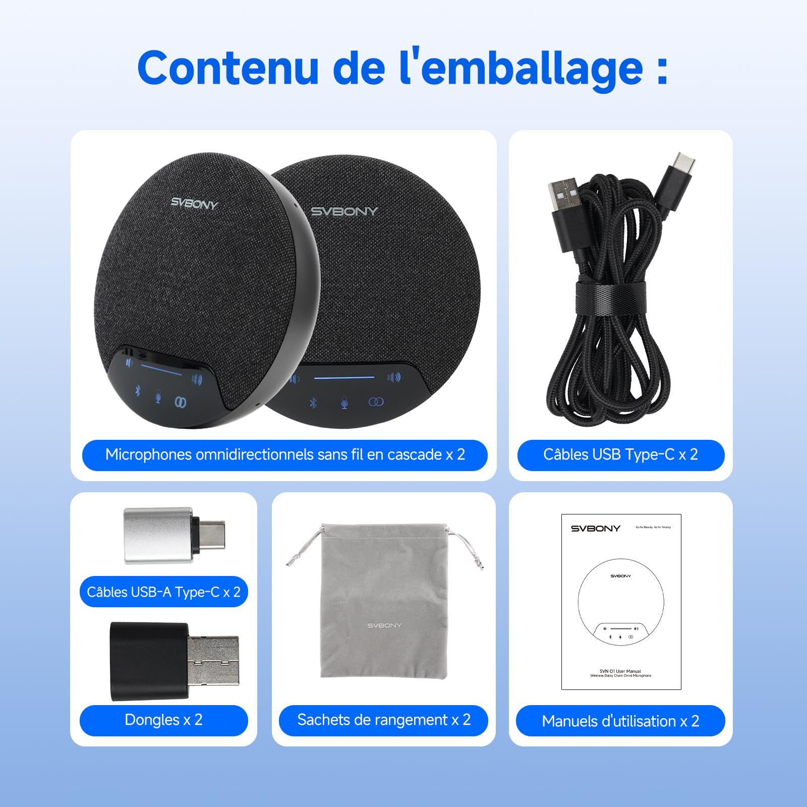 SVBONY O1 Micro de Conférence(2 Pack) pour 10-20 Personnes | Réduction Bruit 3A+IA 8 Micros, 10m, Capture 360°, Liaison Stabilisée UHF, avec Type-C&Dongle pour Grande salle de conférence