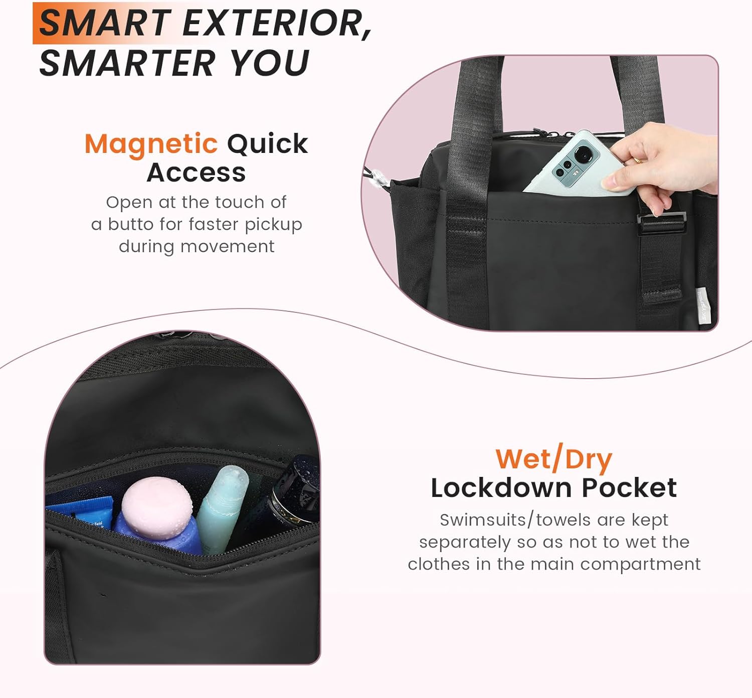 SKYSPER Small Gym Bag for Women - Mini Tote Bag with Wet Compartment, Lightweight Waterproof Gym Duffle Bag for Sport, Commute, Fashion & Cute & Compact Bag for Girl (Black) - Image 5