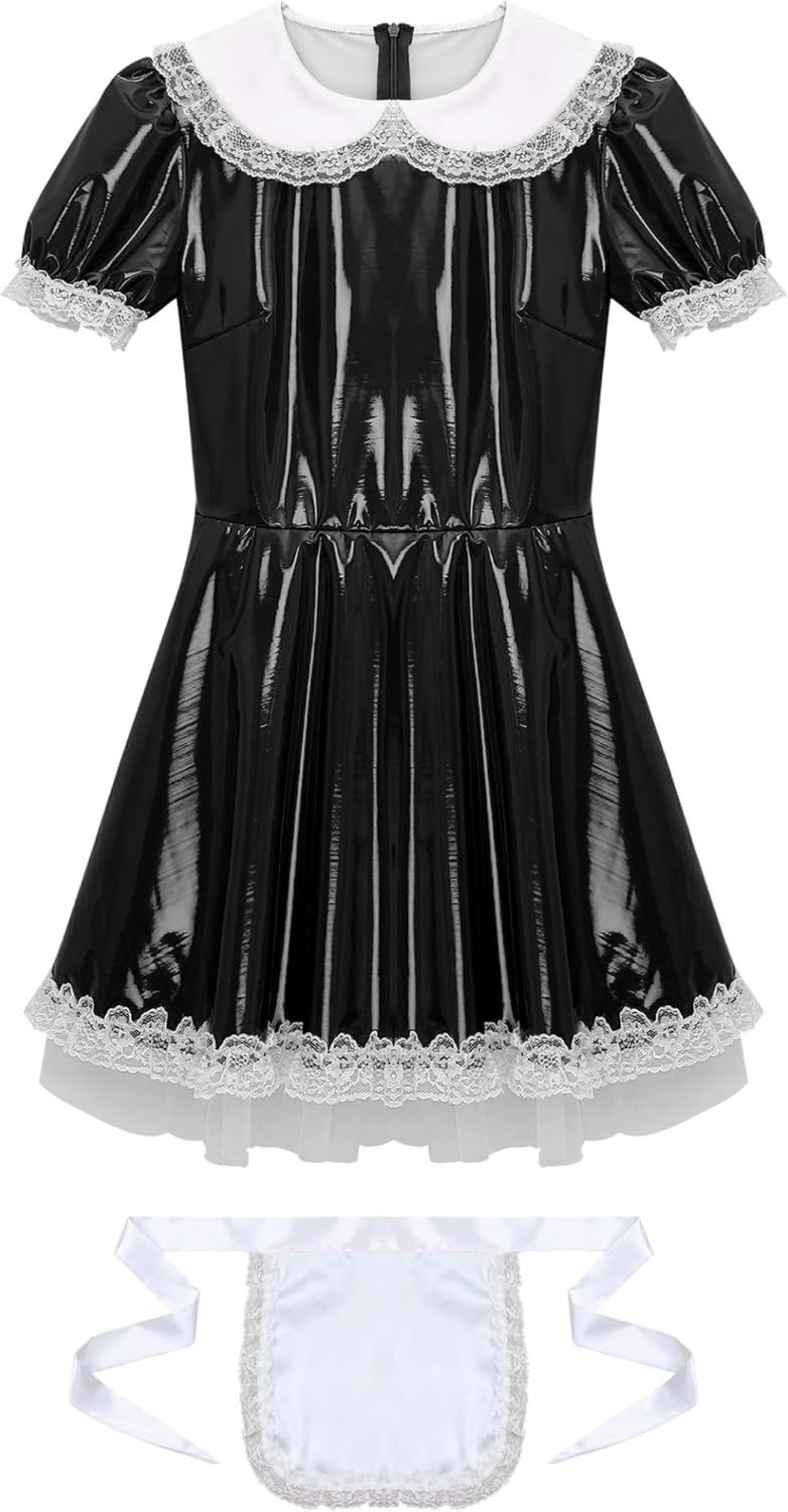 Jugaoge Mens French Maid Role Play Costumes Puff Sleeve Outfit Solid Latex Flared Dress with Apron - Image 6
