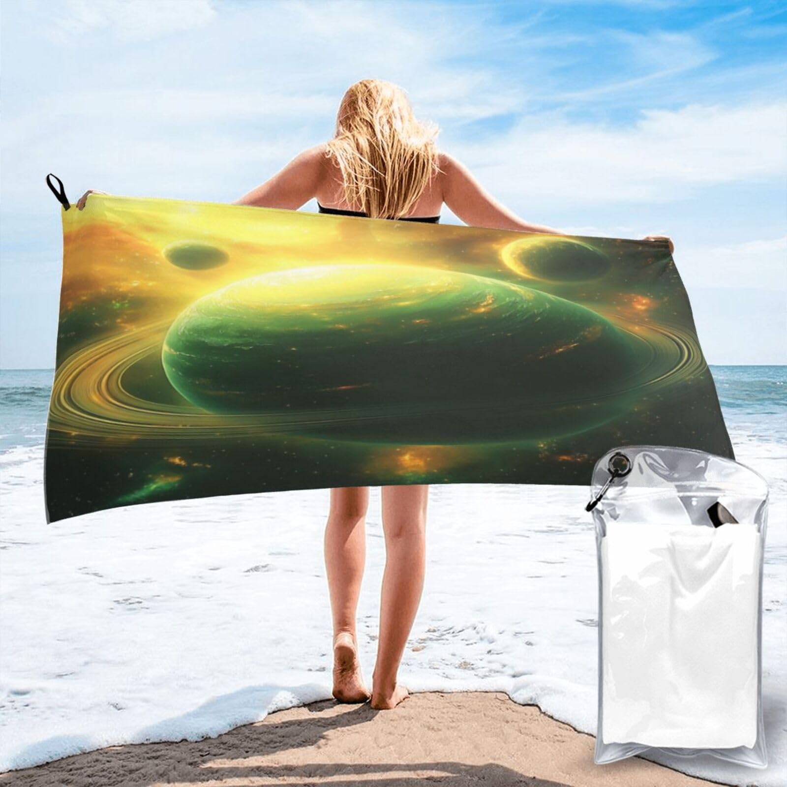 Anceky Giant Planetary Ring System in Space Quick Dry Microfiber Travel Towel with Carry Case and Carabiner 31.5"X63"