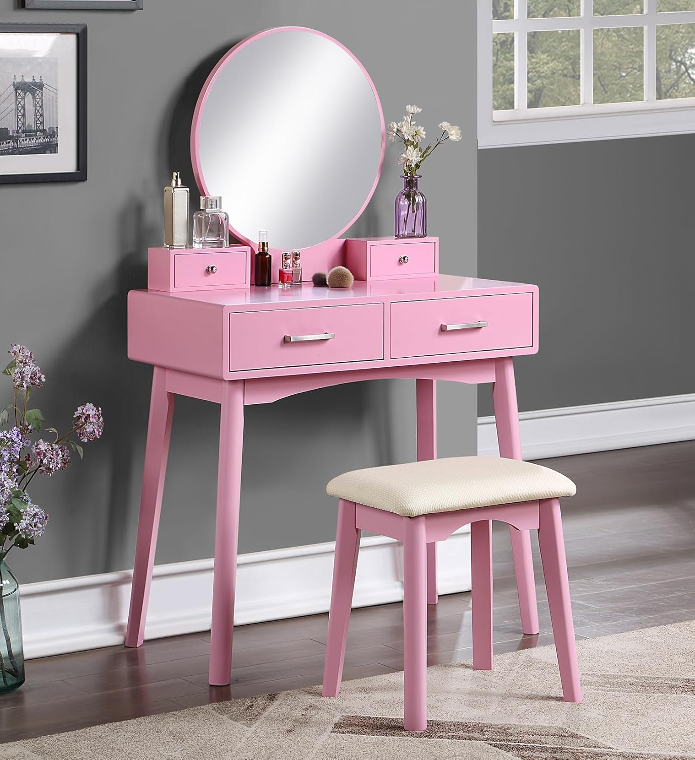 Pink Contemporary Wood Vanity and Stool Set