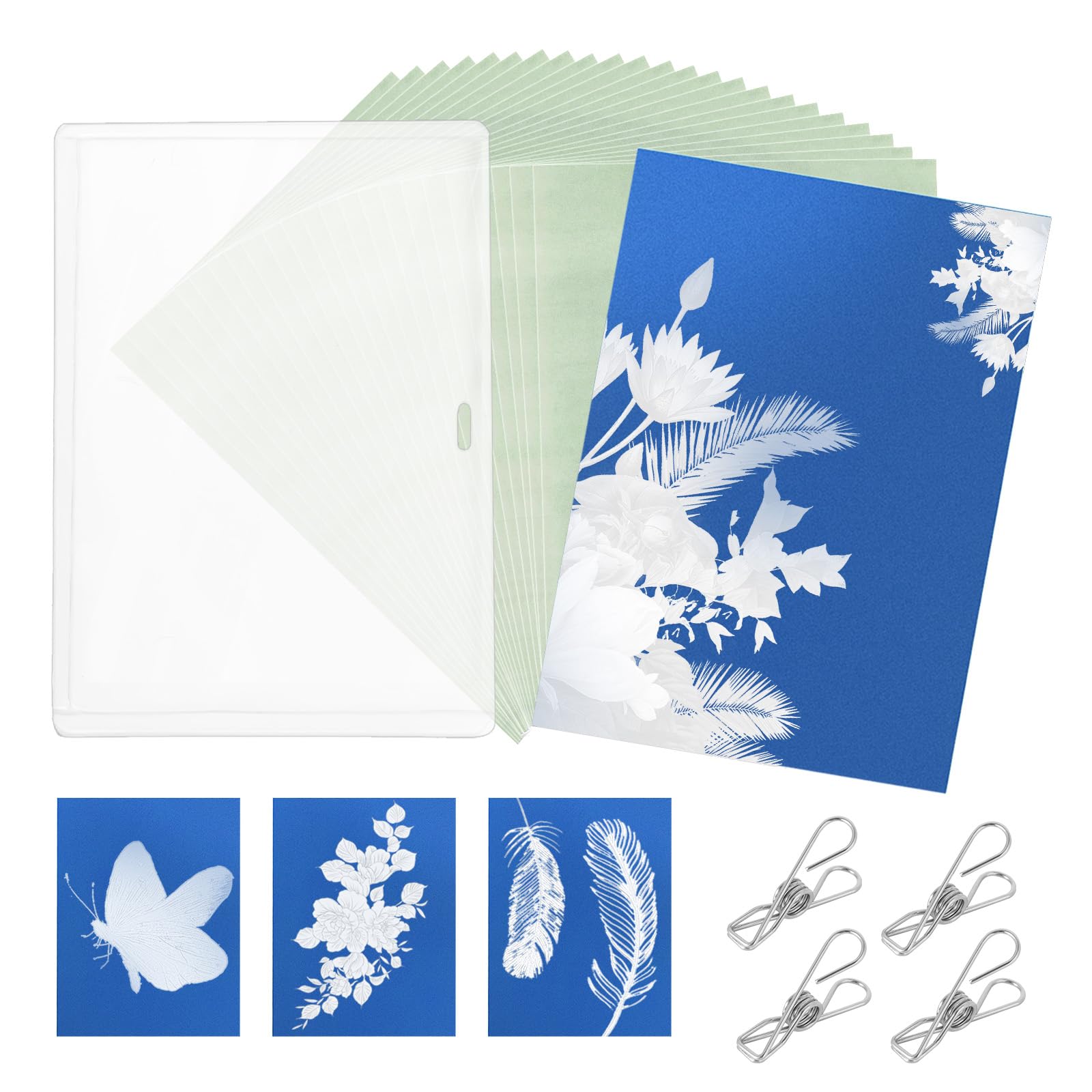 A6 Cyanotype Sunprint Paper Kit, 24 Sheets Sun Print Papers with Plastic Panel & 4 Metal Clips High Sensitive Solar Printing Set for DIY Nature Art Craft Projects
