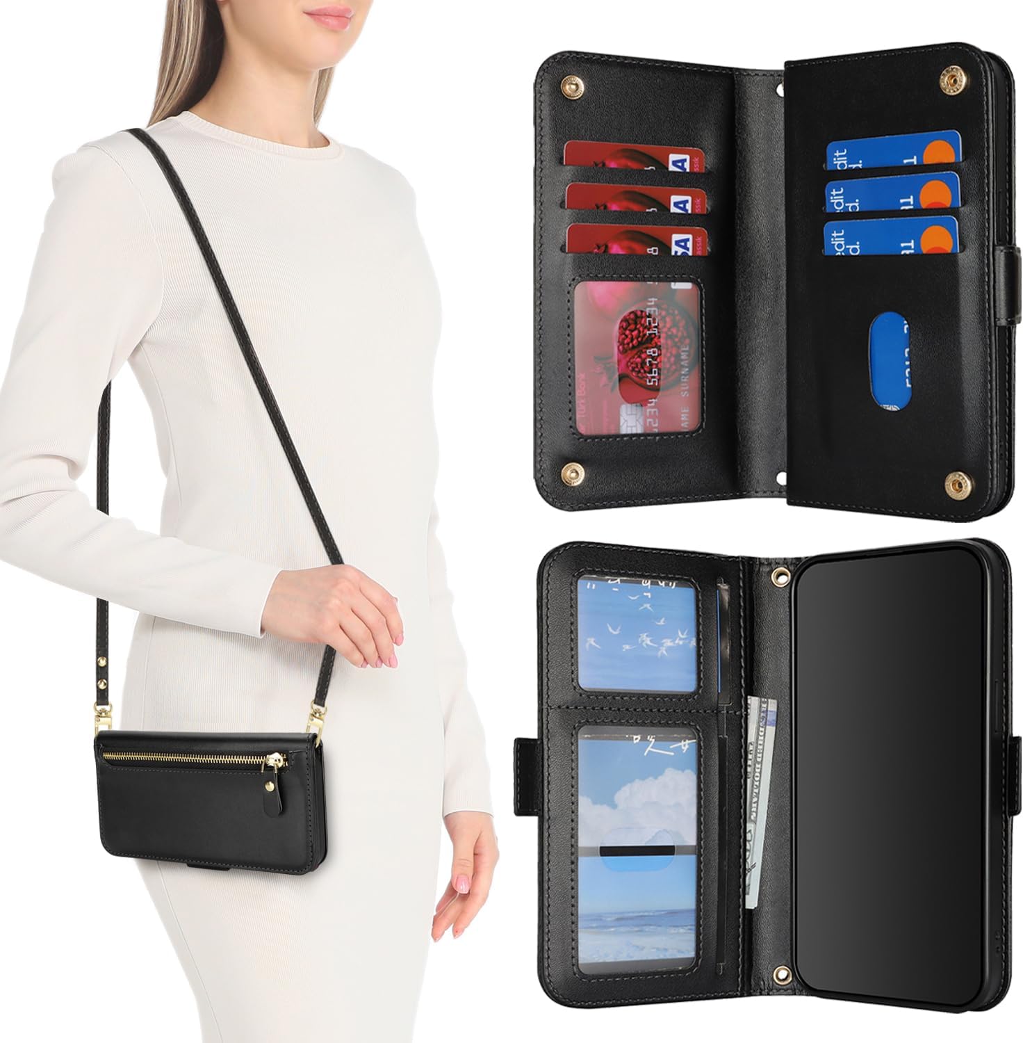 for iPhone 13 Pro Max Wallet Case for Women,for iPhone 12 Pro Max Case with Strap Crossbody Lanyard,PU Leather Shockproof Card Holder Stand Zipper Pocket Flip Phone Case-Black - Image 8