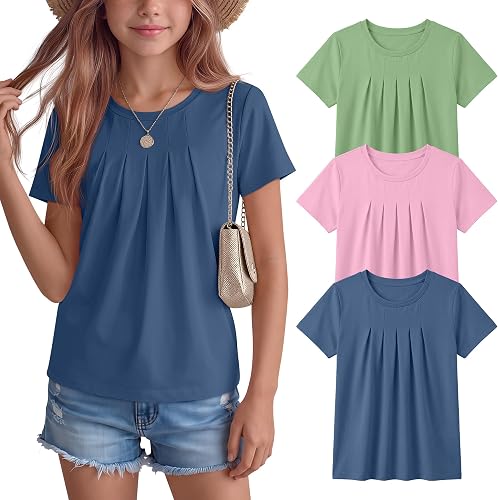 Vinsatin 3 Pack Girls Pleated T-Shirts, 3-Color Set, 5-6 Years