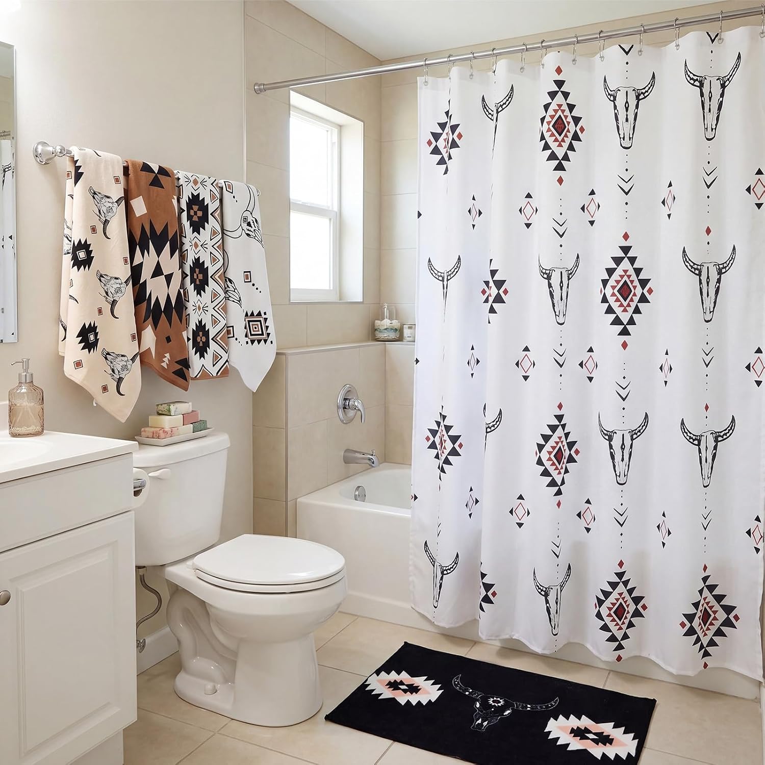 Chumia 18 Pcs Western Aztec Bathroom Set Include Fabric Shower Curtain 12 Beef Shower Curtain Hooks 4 Bathroom Towels Non Slip Absorbent Rug for Wildlife Farmhouse Rustic Accessories