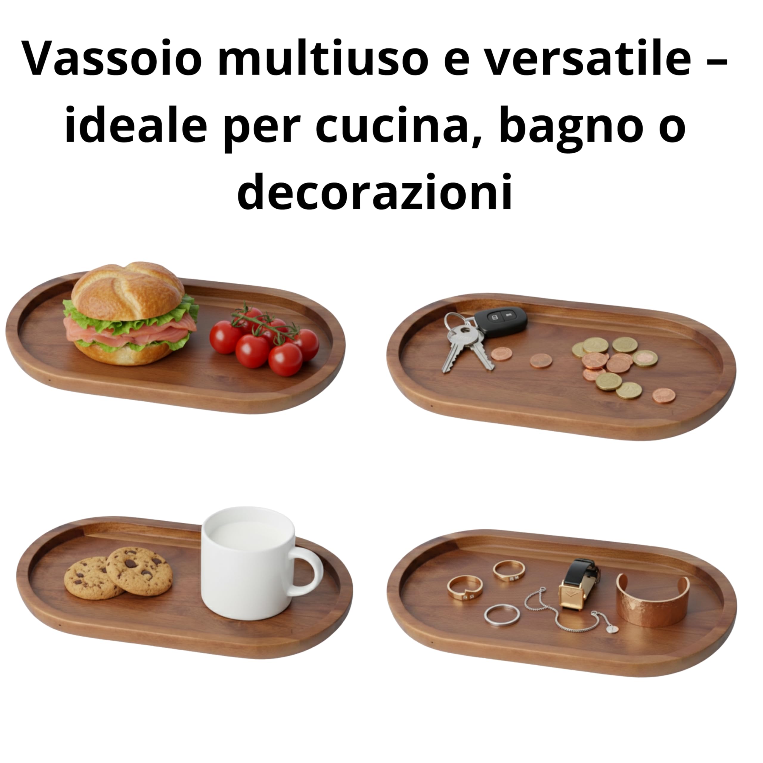 Vassoio Decorativo in Legno di Acacia CURVE - Vassoio Organizzatore Ovale per Cucina e Bagno. Ideale per Sale e Zucchero o Dispenser Sapone. 26 x 14 cm.